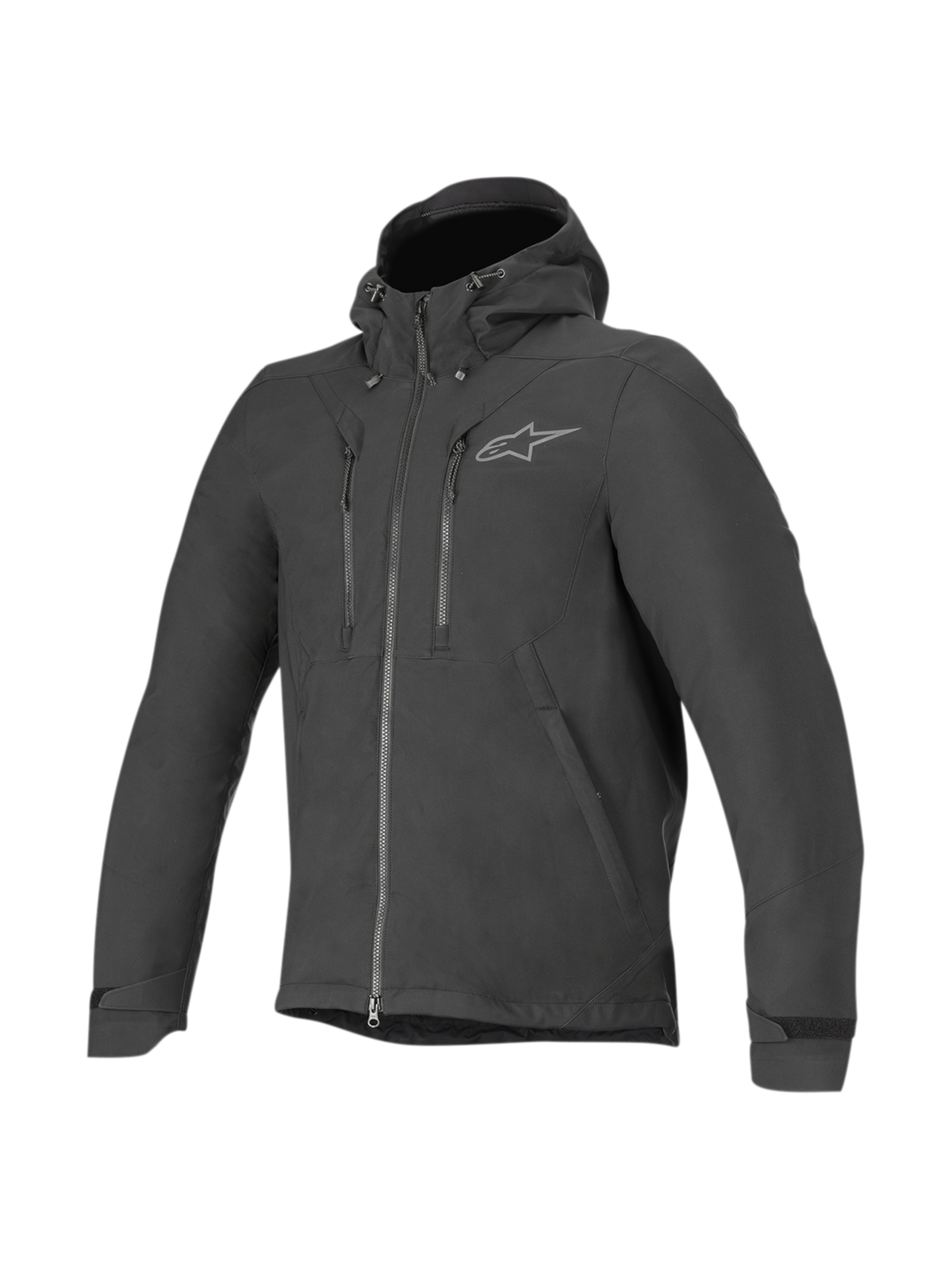Alpinestars Domino Tech Jakke, sort herre-motorcykeljakke til urban kørsel, vandafvisende softshell med fast hætte og CE-beskyttelse.