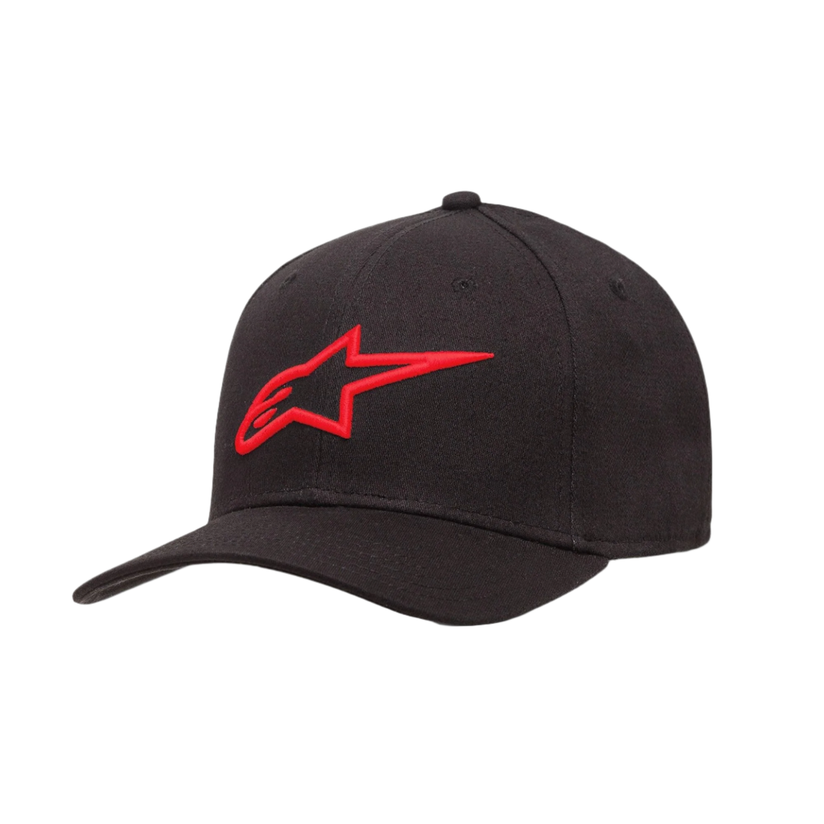 Alpinestars Ageless Curve kasket, sort baseball-kasket med rødt 3D-broderet logo, kurvet skygge, twill-stof, afslappet sportswear-hovedbeklædning
