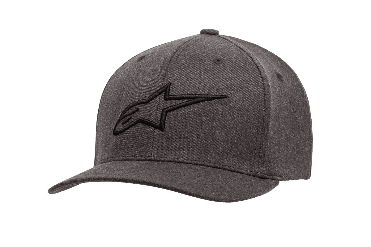 Alpinestars Ageless Curve Hat, koksgrå meleret baseballcap med sort 3D-broderet logo, buet skygge, struktureret twill-stof med ventilationshuller, afslappet motorsport-hovedbeklædning