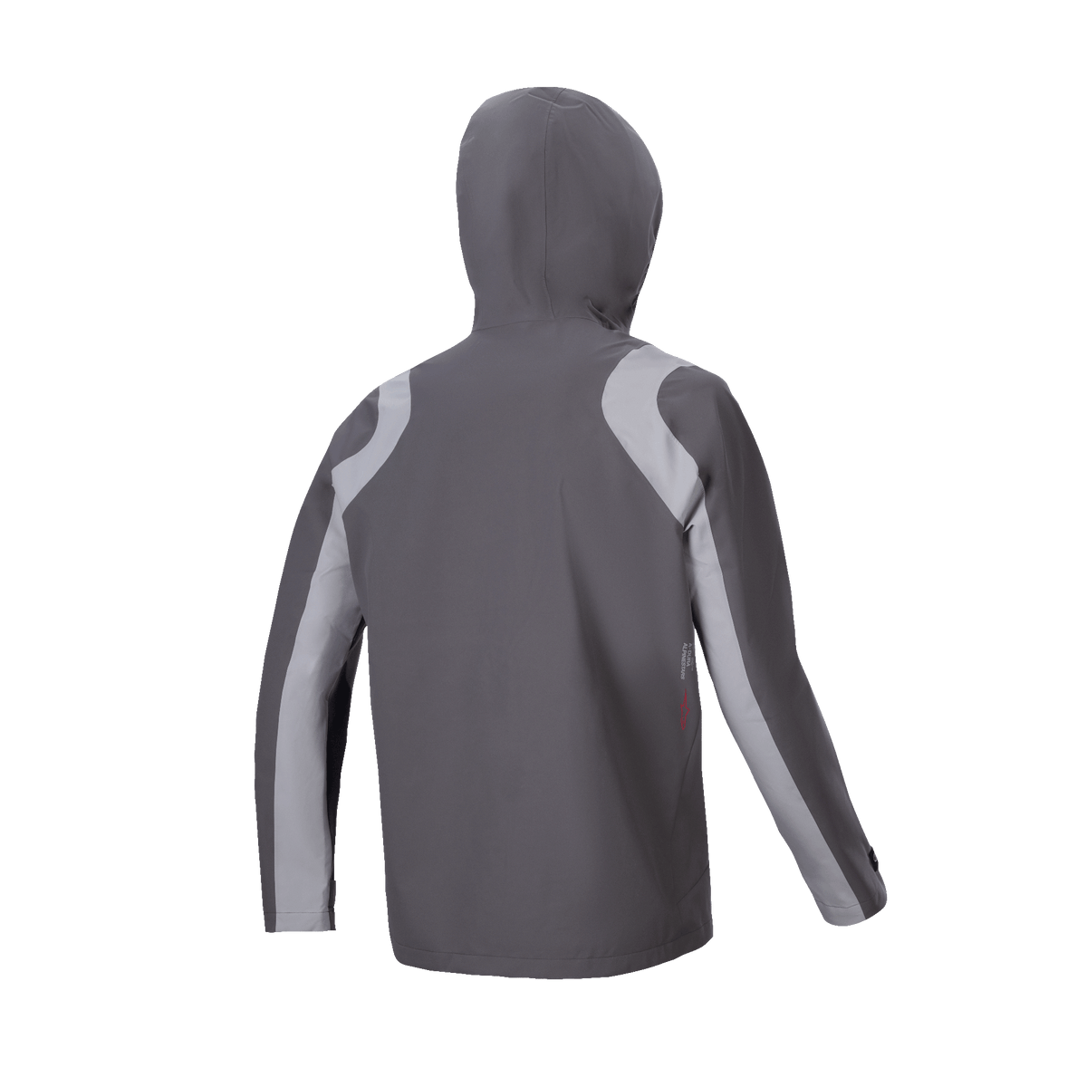 Alpinestars A-Dura Rain Jacket, Mountain Bike Rain Jacket, Dark Titanium and Gray, rear view with hood up, featuring light gray curved panels on shoulders and sleeves, technical design for wet-weather cycling.