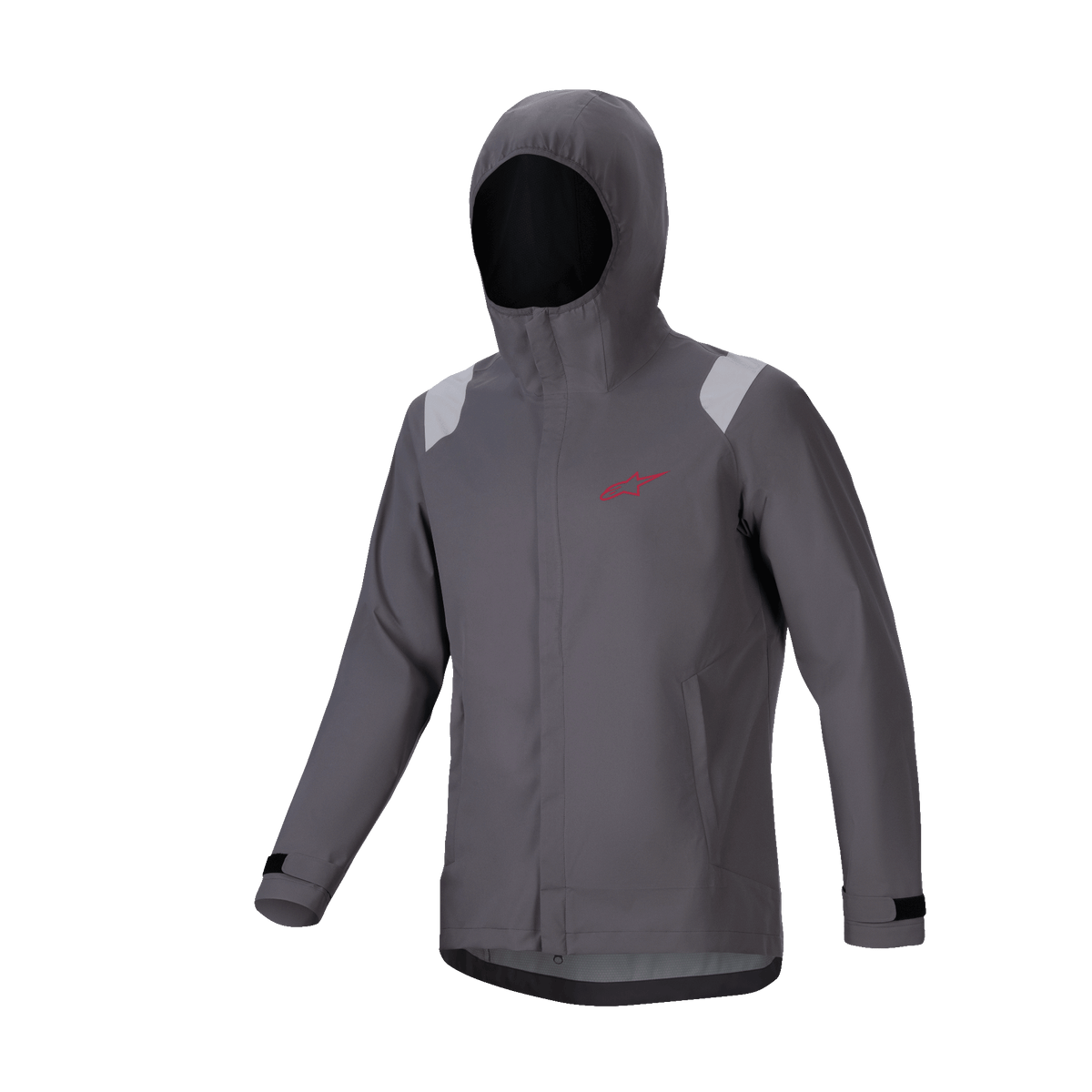Alpinestars A-Dura Rain Jacket, Mountain Bike Rain Shell, Dark Titanium Gray, hooded design with red star logo, light gray shoulder details, adjustable velcro cuffs, technical waterproof performance gear for MTB.