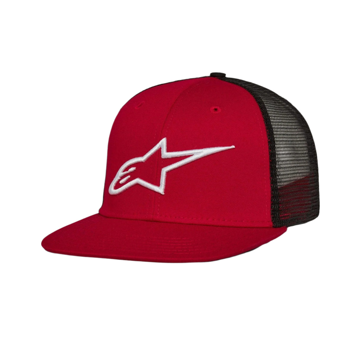 Alpinestars Corp Trucker kasket, rød og sort, trucker kasket med flad skygge, hvidt 3D-broderet logo, rødt twill-panel foran og sorte mesh-paneler bagpå