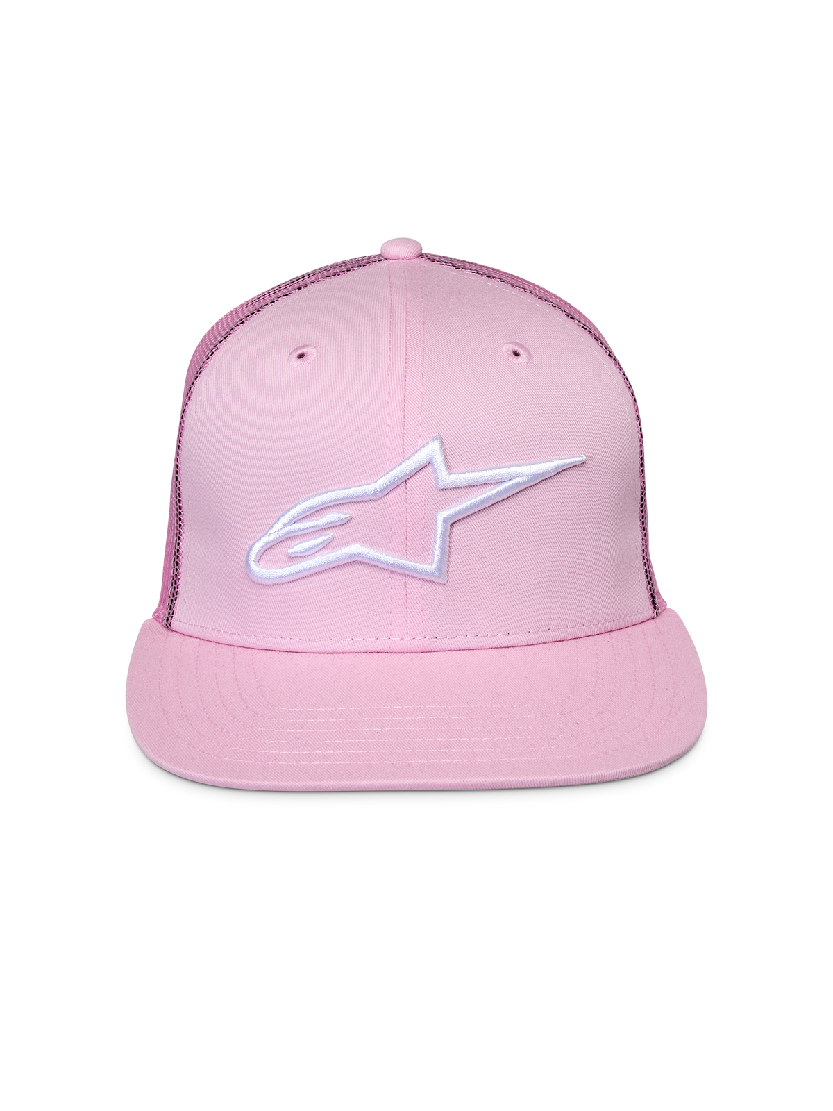 Alpinestars Corp Trucker kasket, pink, med hvidt broderet logo på forsiden, flad skygge med struktureret krone, mesh-paneler bagpå, afslappet motorsport-hovedbeklædning