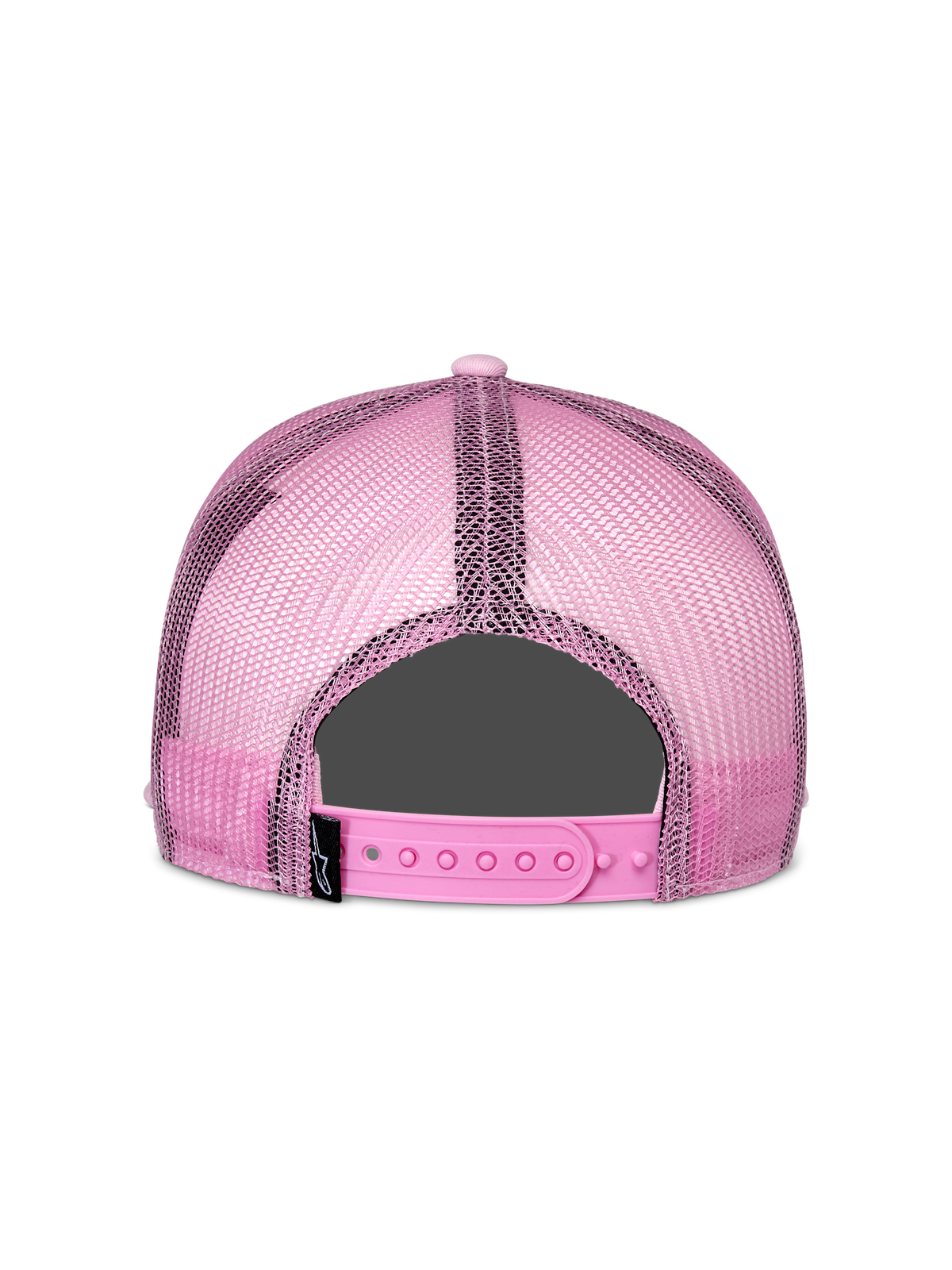 Alpinestars Corp Trucker kasket, pink, set bagfra, med pink mesh-paneler bagpå og justerbar snapback-lukning, afslappet motorsport-inspireret hovedbeklædning