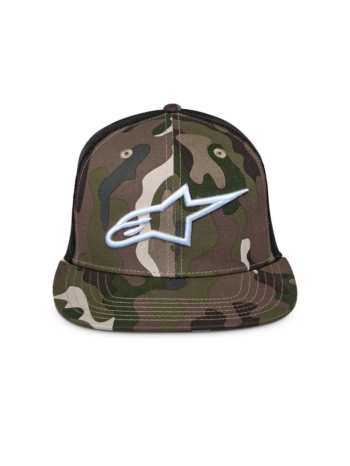 Alpinestars Corp Trucker kasket, grøn camouflage og sort, trucker-kasket med flad skygge og mesh-bagside, hvidt broderet Alpinestars-logo på forsiden, afslappet motorsport-streetwear