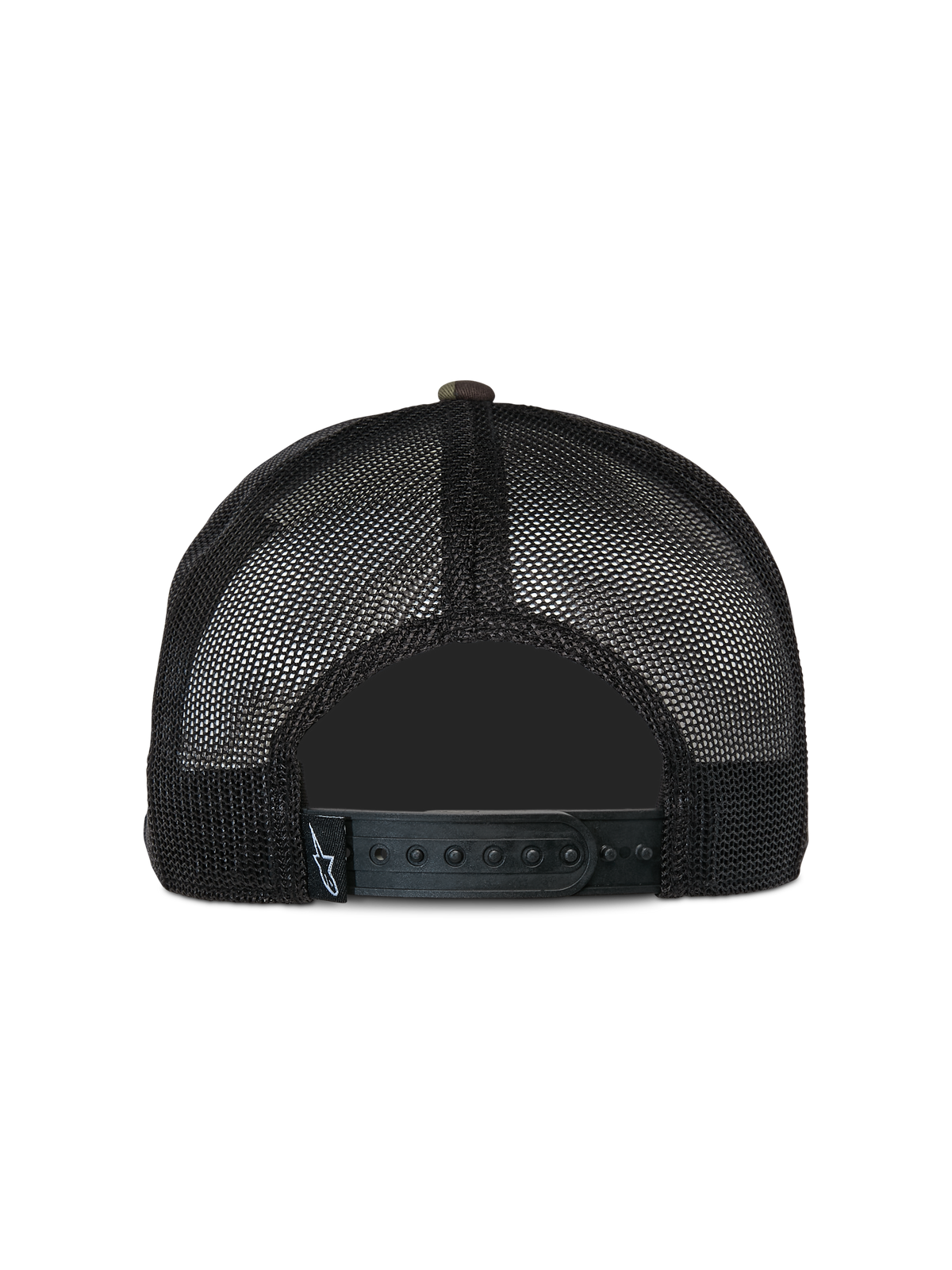 Alpinestars Corp Trucker-kasket, casual trucker-kasket, grøn camouflage og sort, set bagfra med sorte mesh-paneler bagpå og justerbar snapback-lukning, lille vævet logo-mærke, klassisk motorsport-inspireret design