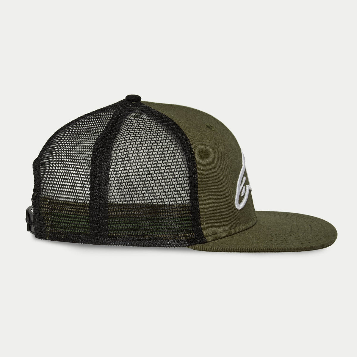 Alpinestars Corp Trucker Hat, Military Black, side profile view, flat bill trucker cap, olive green structured crown with white 3D embroidered logo, black mesh back panels, adjustable snapback closure