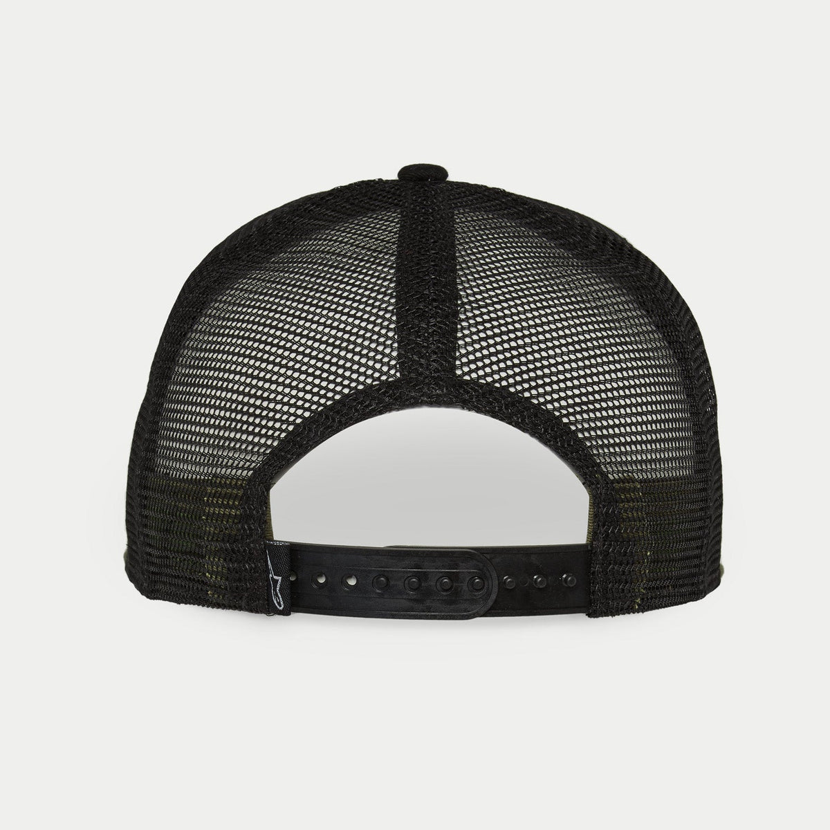 Alpinestars Corp Trucker Hat, Military Black, rear view showing black mesh back panels and adjustable snapback closure, small woven logo label, casual motorsport-inspired headwear