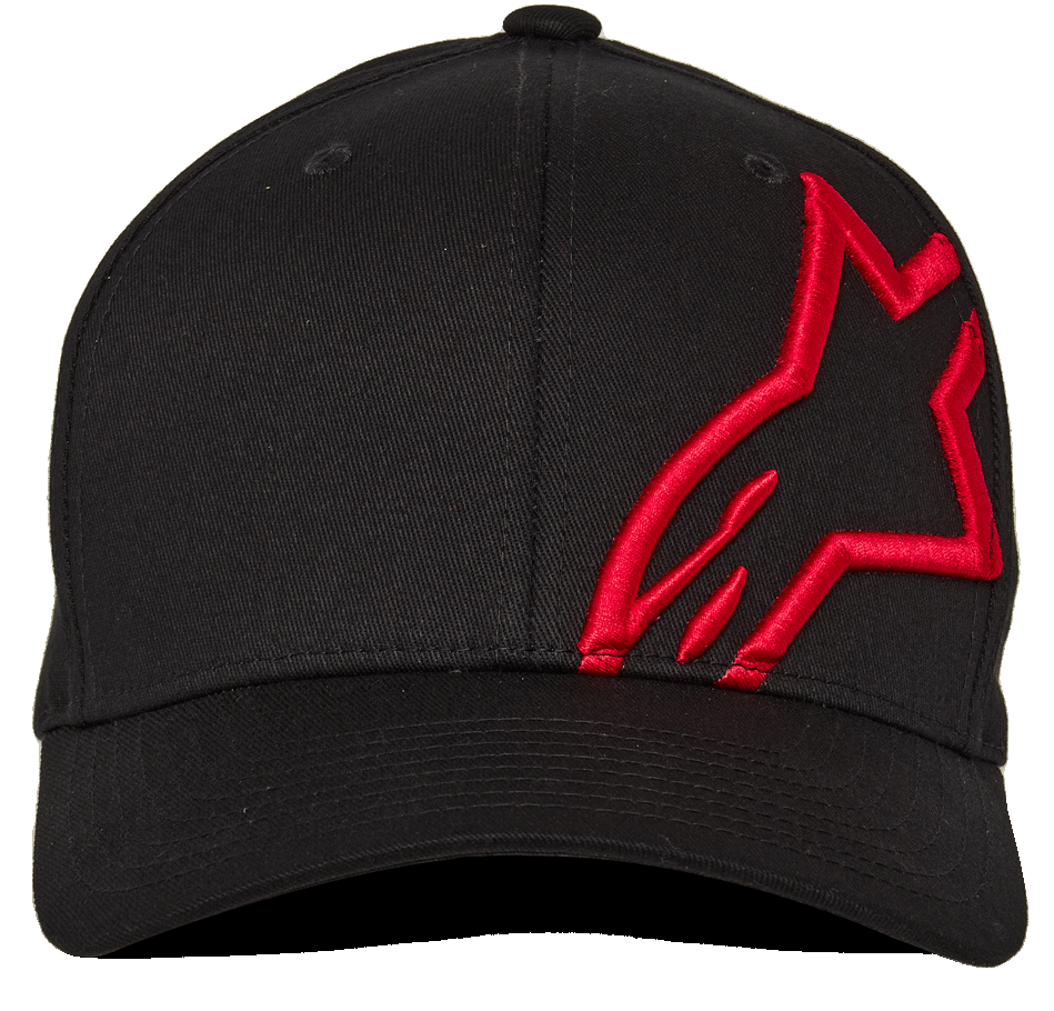 Alpinestars Corp Shift 2 Curved Brim, kasket med buet skygge, sort med rødt broderi, fladt Astars-logo på venstre frontpanel, casual motorsport-hovedbeklædning