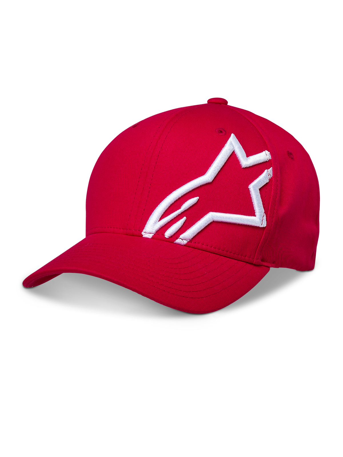 Alpinestars Corp Shift 2 kasket med buet skygge, rød, med et stort hvidt 3D-broderet logo på siden, struktureret krone og buet skygge, casual motorsport-hovedbeklædning