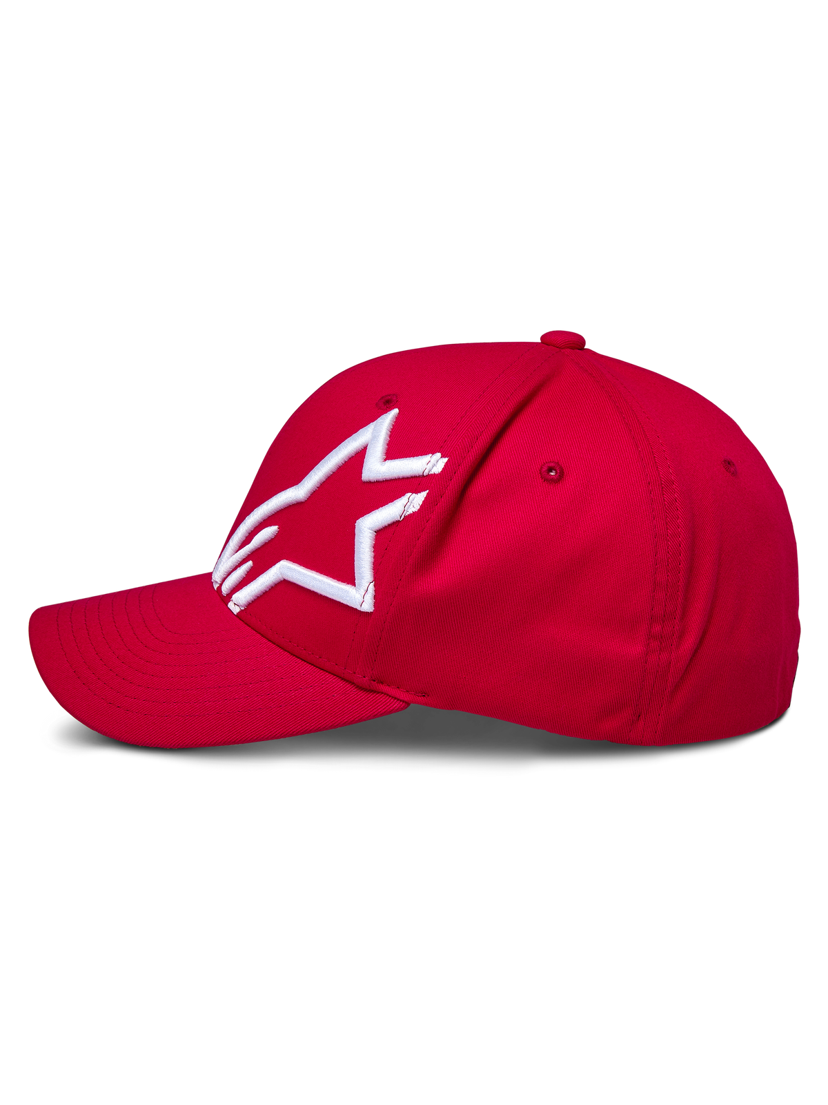 Alpinestars Corp Shift 2 kasket med buet skygge, rød, med hvidt 3D-broderet Alpinestars-logo på venstre panel, set fra siden, struktureret krone med buet skygge, casual motorsport-inspireret hovedbeklædning