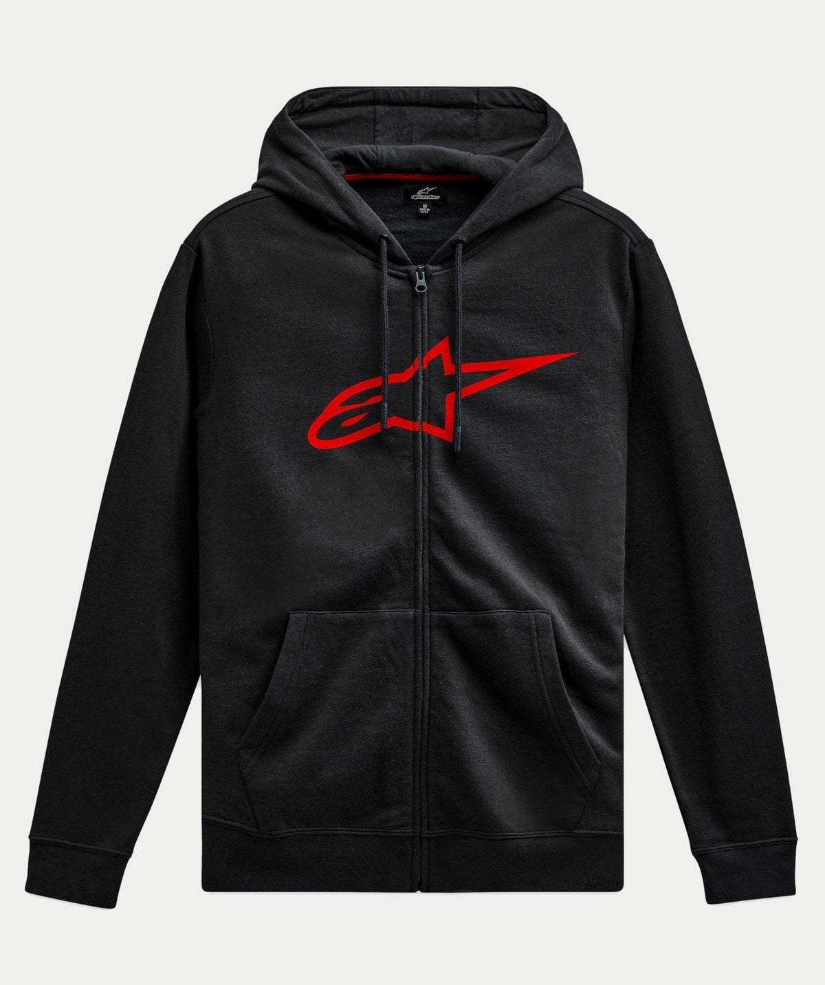 Alpinestars Ageless Zip V3 hættetrøje, afslappet streetwear, sort med et stort rødt Alpinestars-logo på brystet, gennemgående lynlås, hætte med snoretræk, lange ærmer, ribbede manchetter og søm