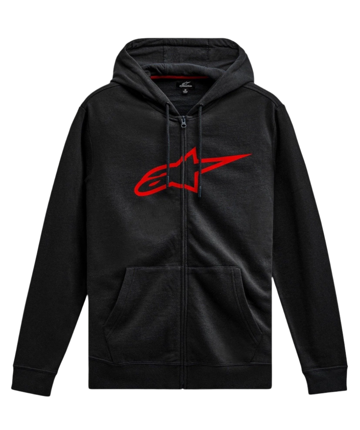 Alpinestars Ageless Zip V3 hættetrøje, casual motorsport streetwear, sort med rødt Astars-logo, gennemgående lynlås, hætte med snøre, lange ærmer, ribstrikkede manchetter og søm