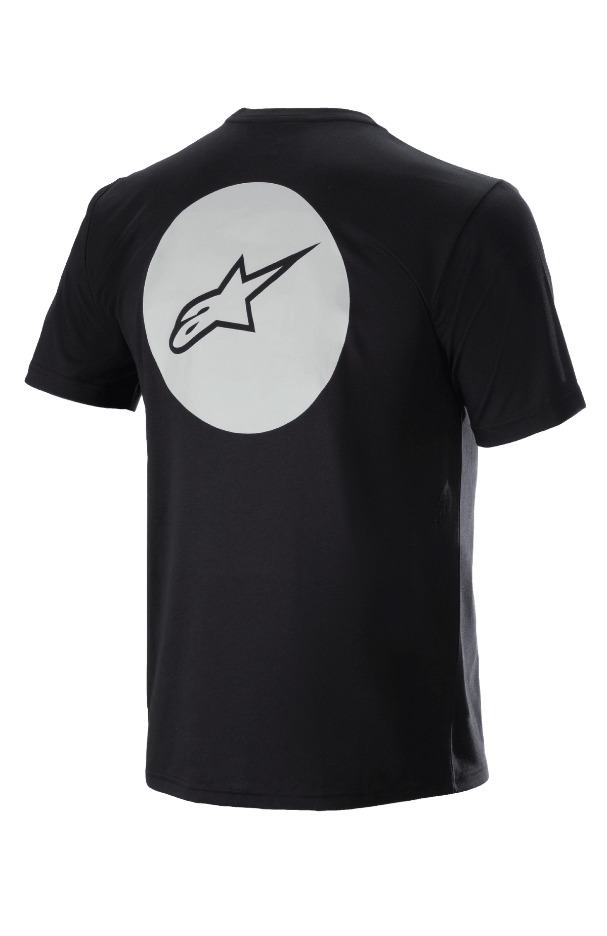 Alpinestars Dot Tech Tee, kortærmet cykeltrøje, sort, set bagfra med stor hvid cirkel og sort A-star logo, DriRelease fugttransporterende materiale til mountainbiking