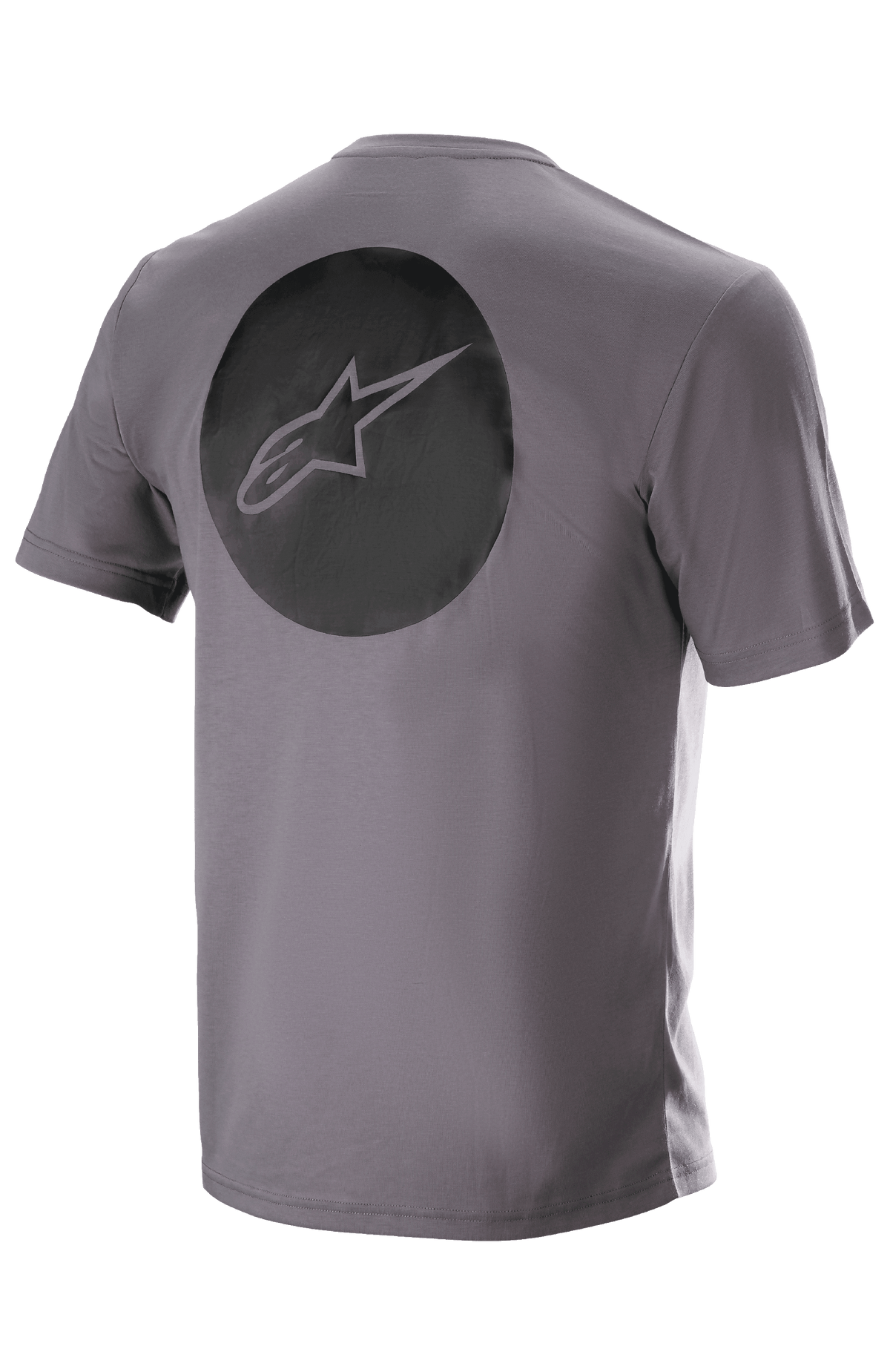 Alpinestars Dot Tech Tee, kortærmet, Sparrow Gray, set bagfra med en stor sort cirkulær grafik med Alpinestars stjerne-logo, teknisk fugttransporterende MTB-beklædning