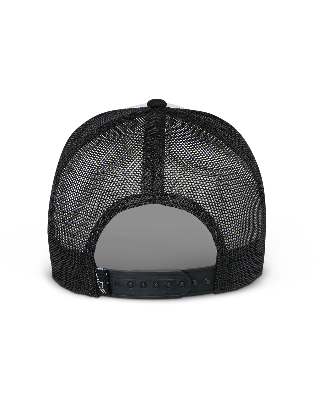 Alpinestars Flag Snapback Hat, White and Black, back view showing black mesh panels and adjustable snapback closure, casual motorsport headwear