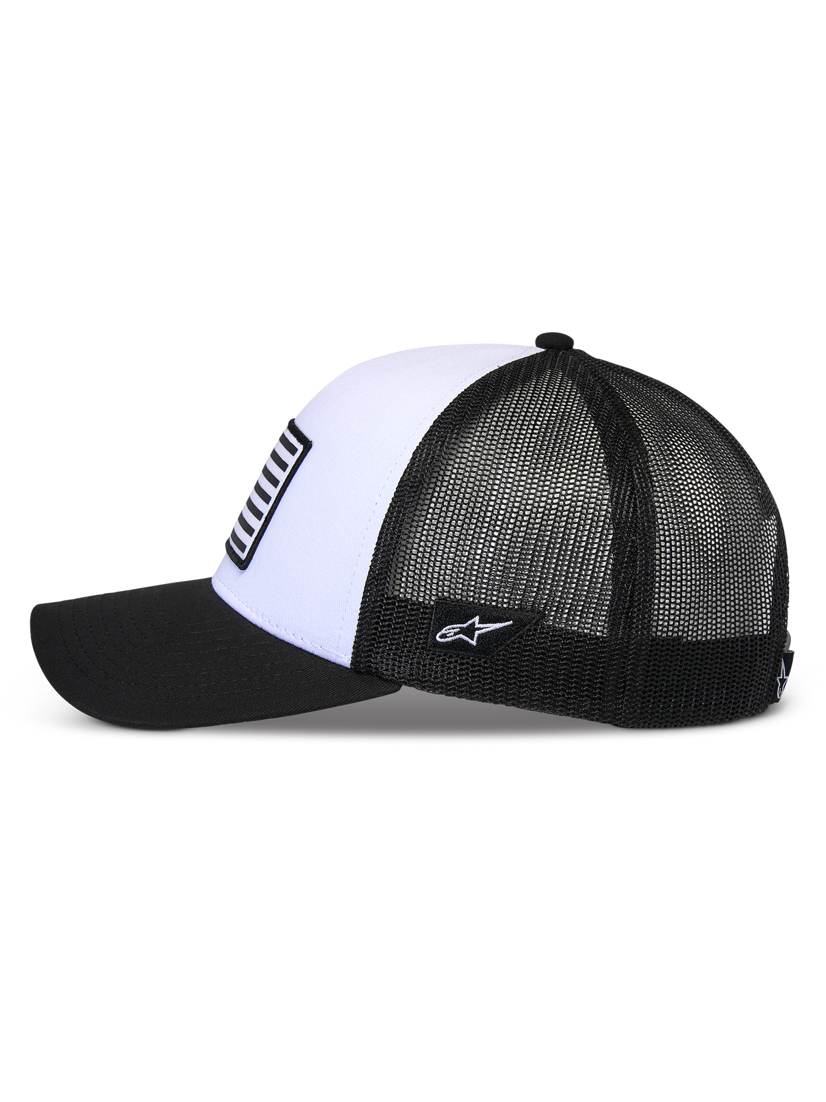 Alpinestars Flag Snapback Hat, White and Black, side profile view, featuring a curved black bill, structured white front panel with a flag-style patch, and a breathable black mesh back.