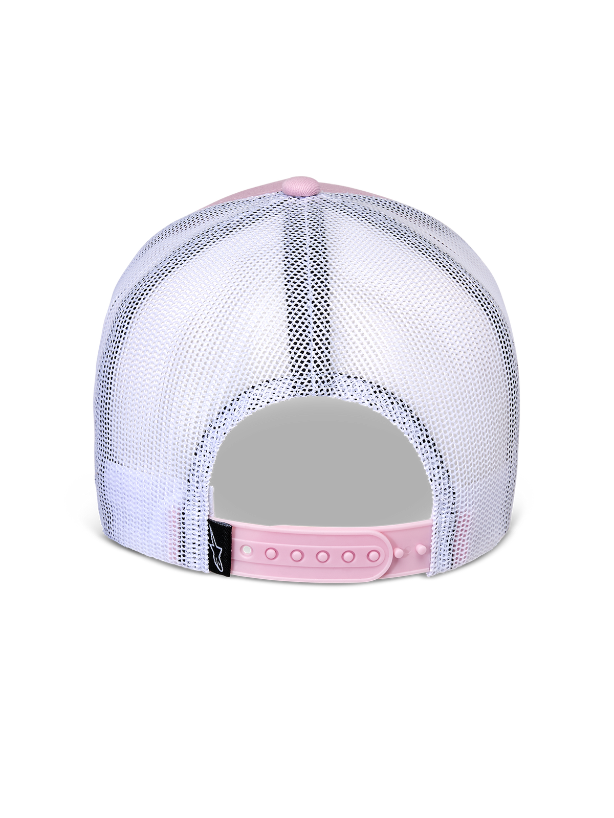 Alpinestars Flag Snapback Hat, back view, Pink and White, breathable white mesh panels with pink adjustable snapback closure, small black Alpinestars logo label, casual motorsport-inspired headwear
