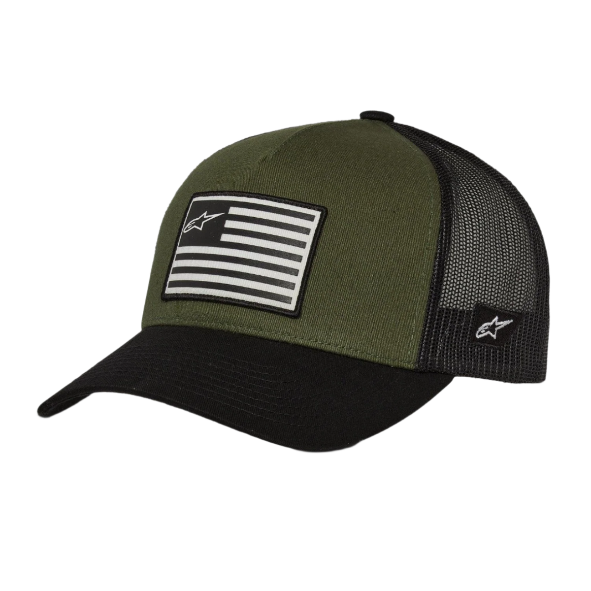 Alpinestars Flag Snapback kasket, Military Black, olivengrøn krone med sort buet skygge og mesh-bagside, trykt flag-patch med logo på forsiden, afslappet sportswear-design