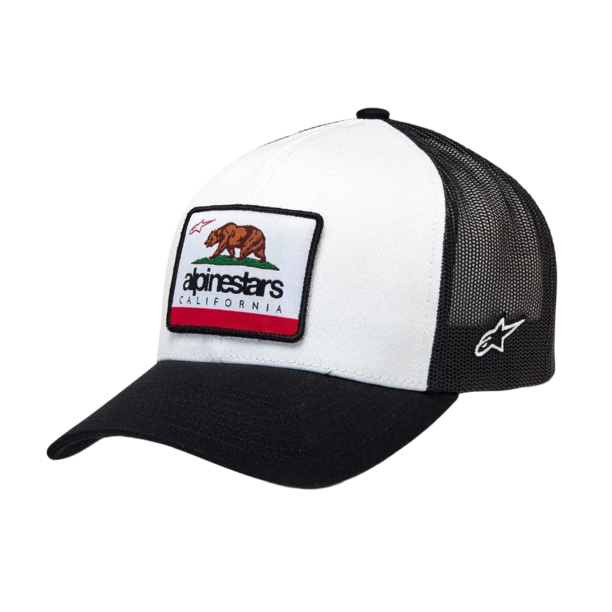 Alpinestars Cali 2.0 kasket, hvid og sort trucker-kasket, buet skygge med struktureret krone, vævet patch med Californien-bjørn og Alpinestars-branding, sort poly mesh-bagside, afslappet motorsport-stil