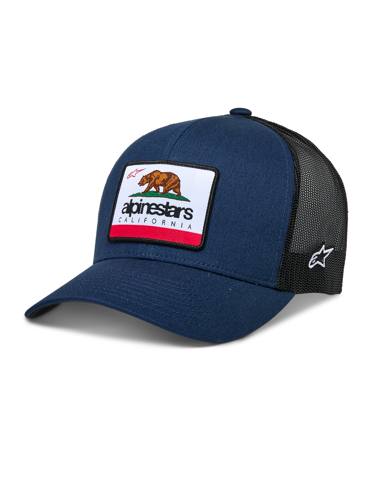 Alpinestars Cali 2.0 Hat, navyblå og sort trucker kasket, med et stort California Bear-mærke og Alpinestars-logo, buet skygge, åndbar sort netryg, casual motorsport-hovedbeklædning