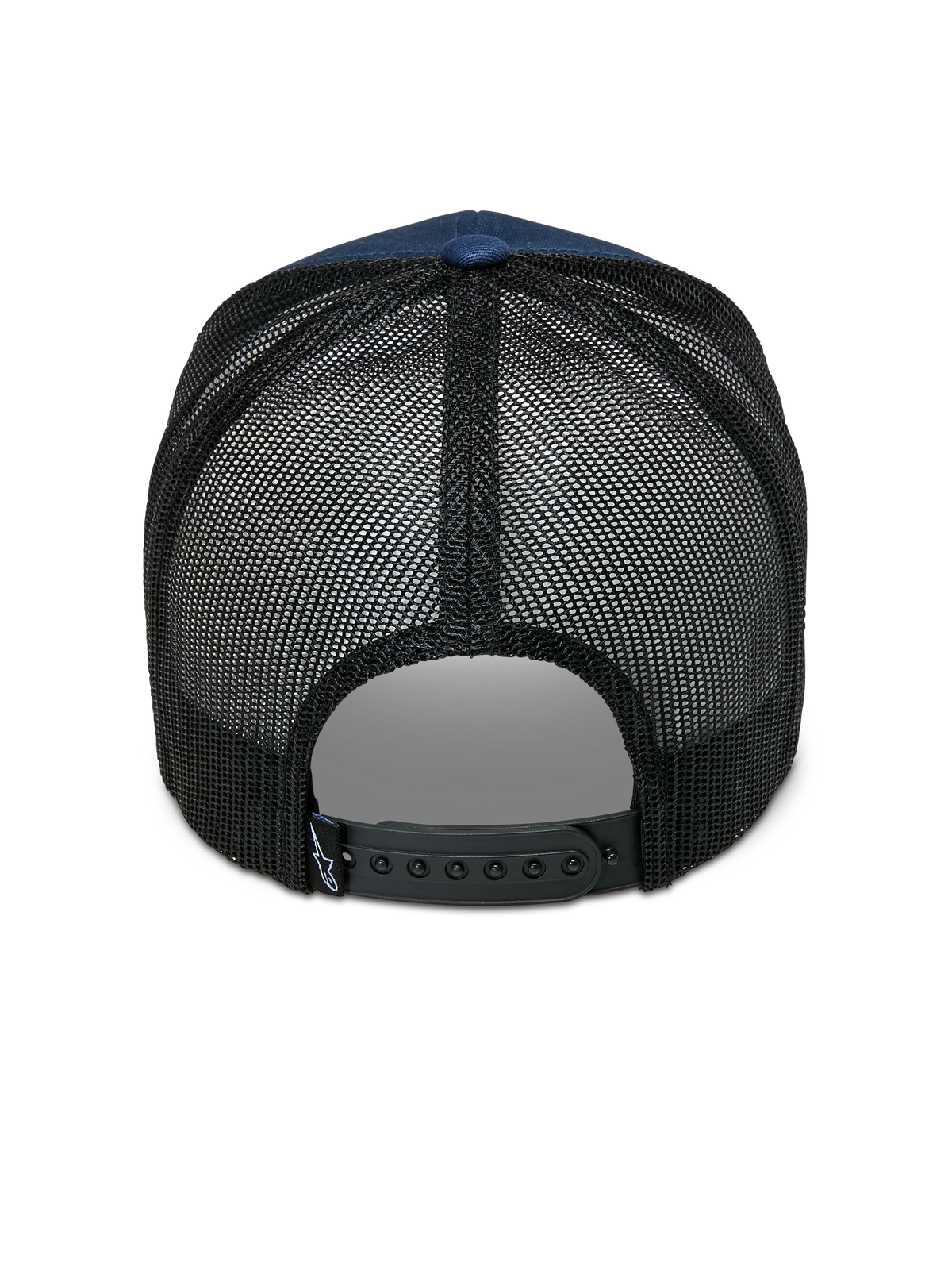 Alpinestars Cali 2.0 kasket, marineblå og sort, set bagfra med åndbar poly-mesh bagside, justerbar sort snapback-lukning og lille logo-mærke, afslappet trucker-kasket design