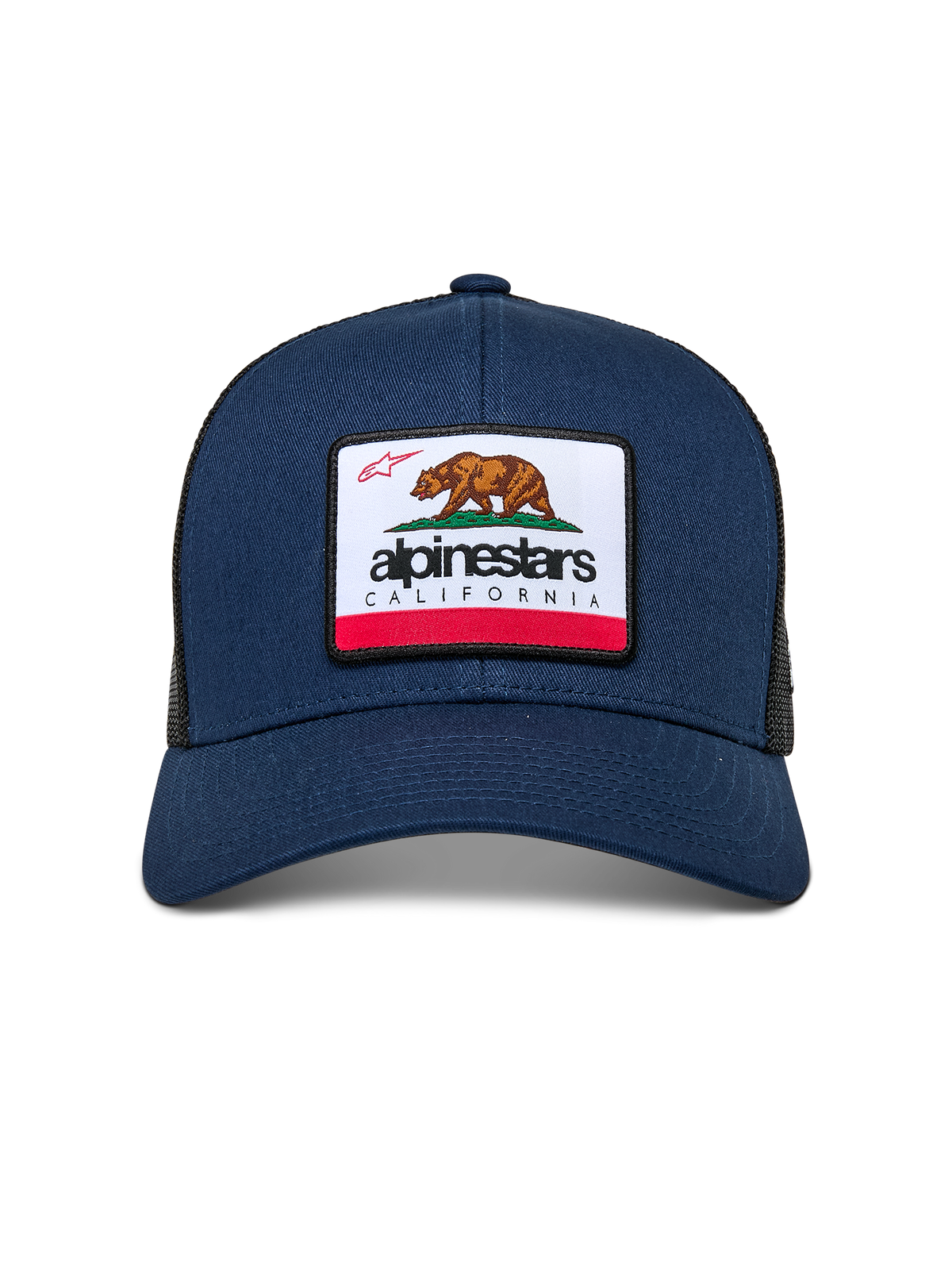 Alpinestars Cali 2.0 kasket, marineblå, med et vævet merrow-mærke med en californisk bjørn og Alpinestars-branding, buet skygge, struktureret krone med poly-mesh bagside, afslappet motorsport streetwear