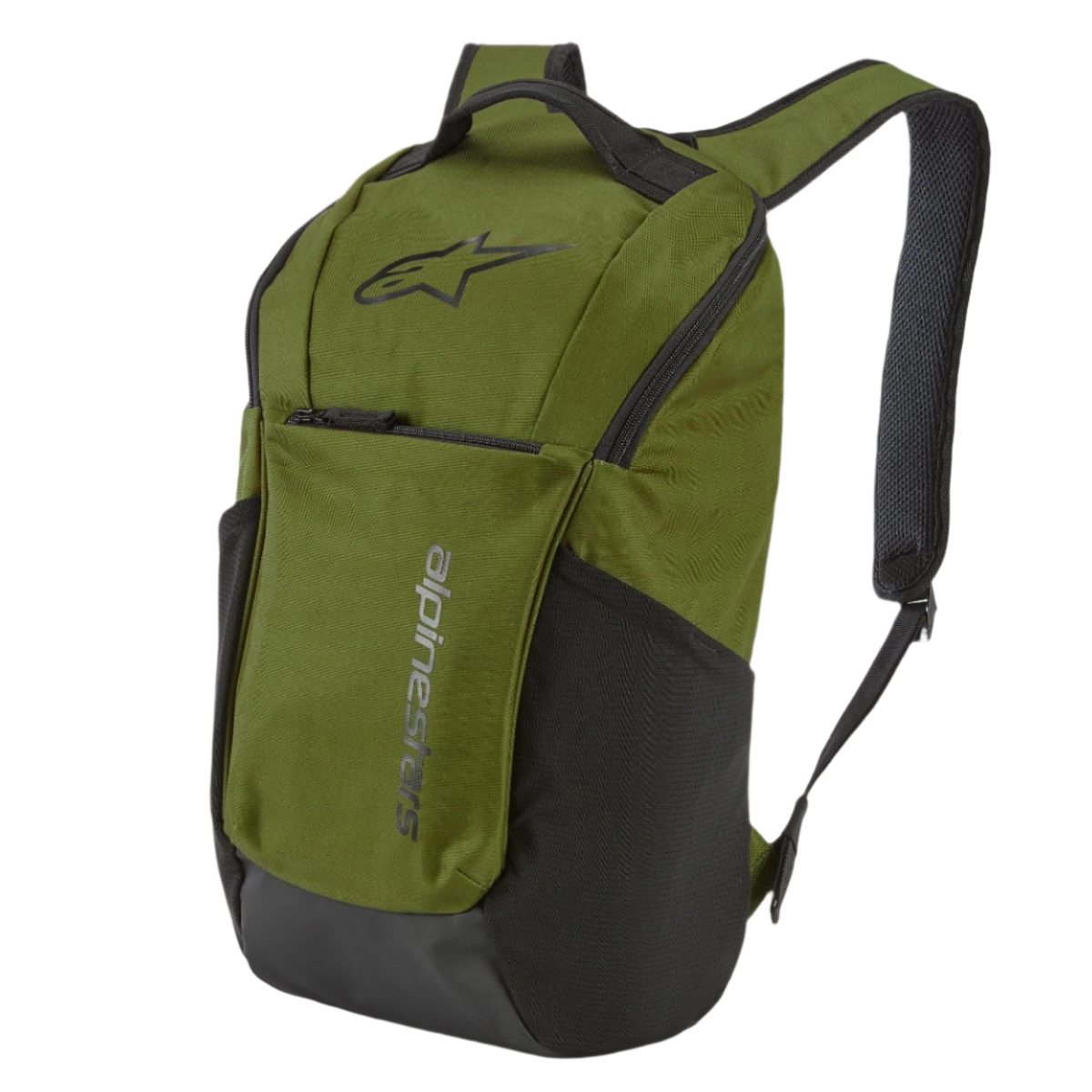 Alpinestars Defcon V2 rygsæk, sportswear-rygsæk, militærgrøn med sorte detaljer, Astar-logo og lodret branding, sidemaskelommer og polstrede airmesh-skulderstropper
