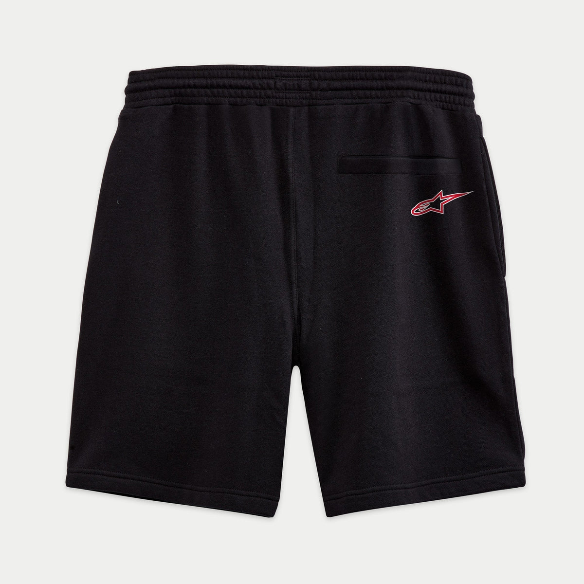 Alpinestars Dunker shorts, sorte fleece træningsshorts set bagfra, elastisk talje, baglomme med paspolering, rødt og hvidt Ageless-logo på baghoften, afslappet sportstøj