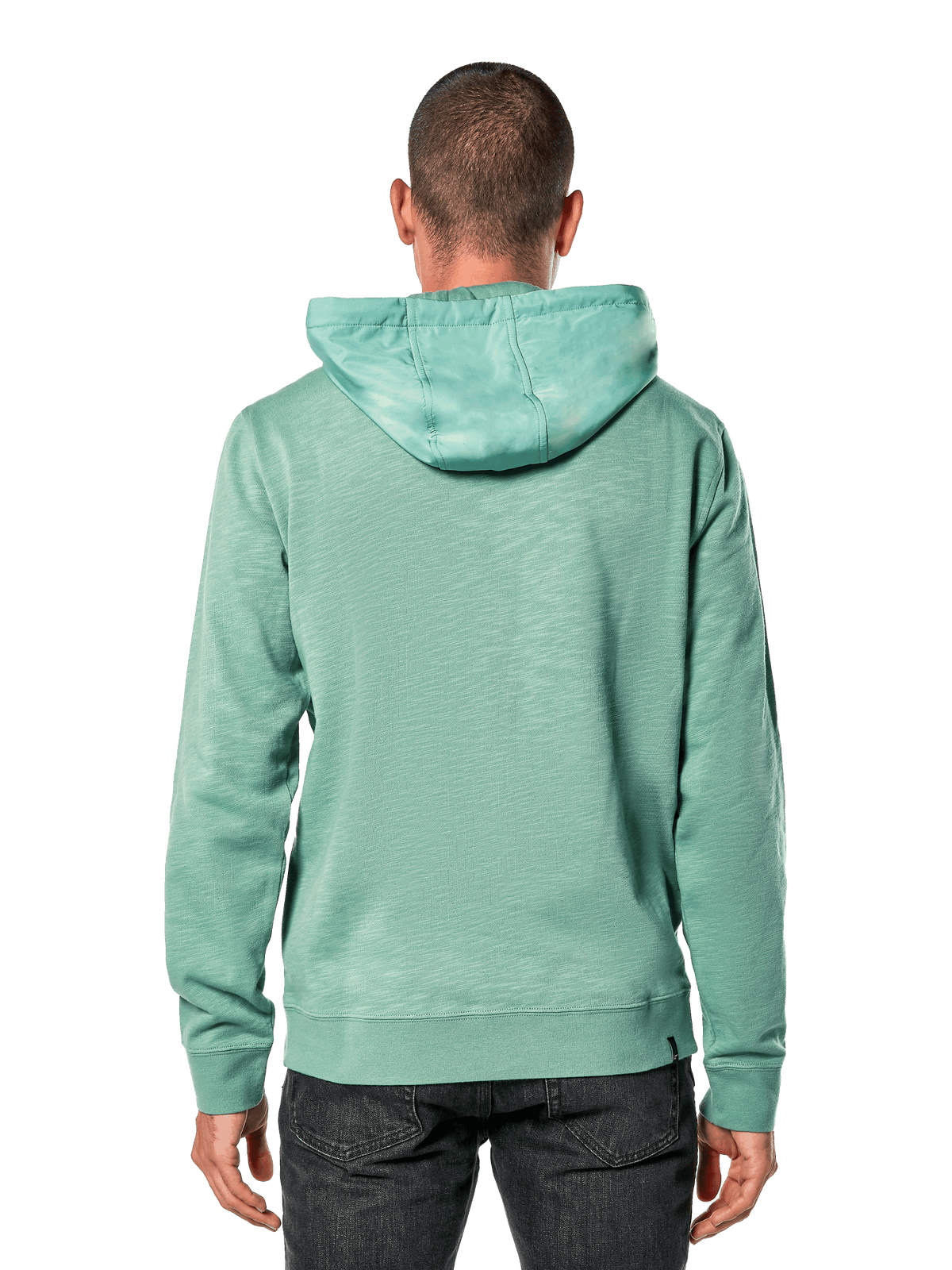 Alpinestars Rooted Hoodie, Green, rear view of a man wearing a casual slub french terry hoodie, featuring an overlay hood, ribbed cuffs and hem, modern sportswear design