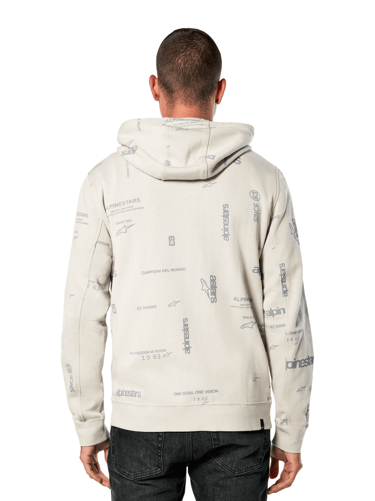 Alpinestars Plenitude hættetrøje, set bagfra, råhvid med gråt all-over-print med brandslogans og logoer, afslappet sportstøj, ribkant ved manchetter og forneden, hættetrøje til hverdagsbrug