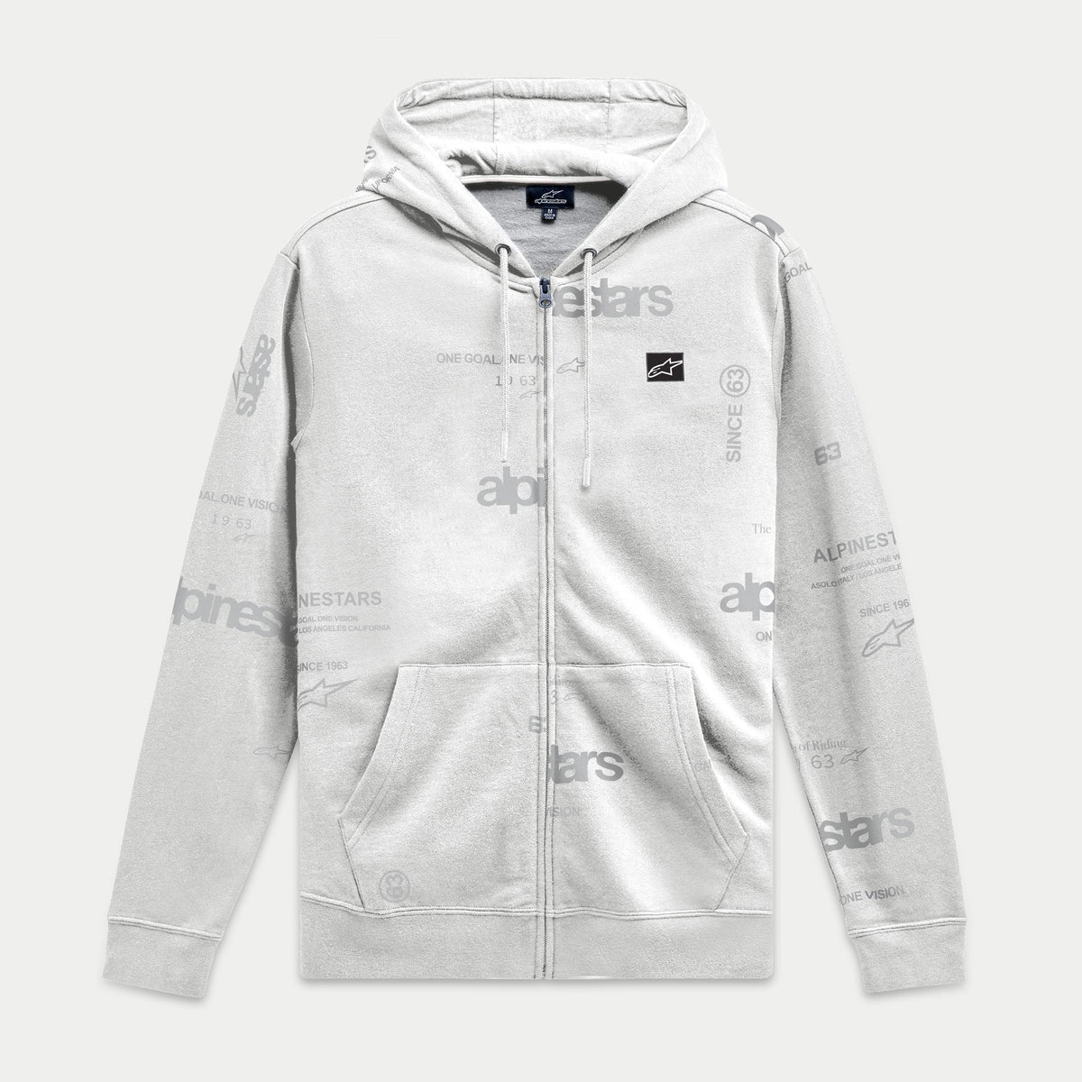 Alpinestars Plenitude hættetrøje, fleece med lynlås foran, Off White med gråt all-over logoprint, sort Ageless-logopatch på brystet, kængurulommer, hætte med snoretræk, afslappet motorsport-inspireret streetwear
