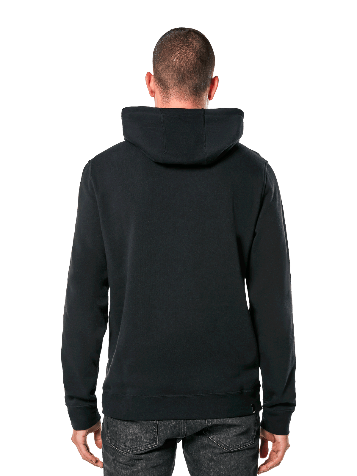 Alpinestars Ride 4.0 hættetrøje, set bagfra, afslappet sort streetwear, ensfarvet pullover fleece med hætte, ribmanchetter og kant, båret med mørke jeans, moderne motorsport-inspireret design
