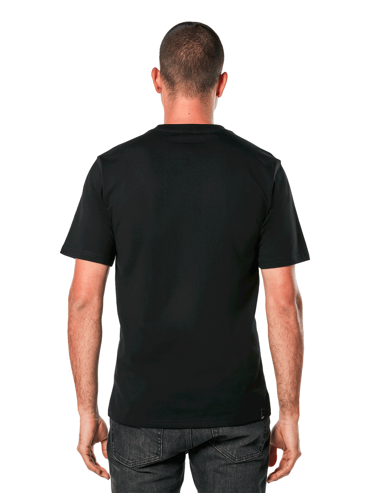 Alpinestars Ageless 2.0 CSF Tee, kortærmet t-shirt, sort, set bagfra på model, enkelt design med cut and sew-pasform, afslappet motorsport-inspireret sportstøj
