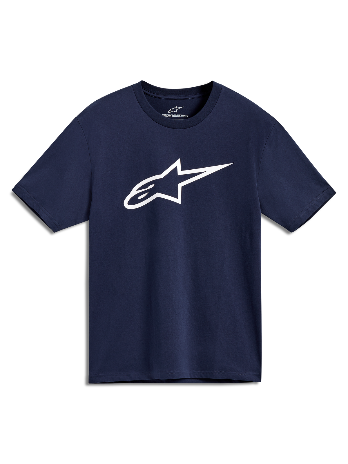 Alpinestars Ageless 2.0 CSF Tee, mørkeblå kortærmet t-shirt, hvidt stjernelogo på brystet, afslappet motorsport-streetwear.