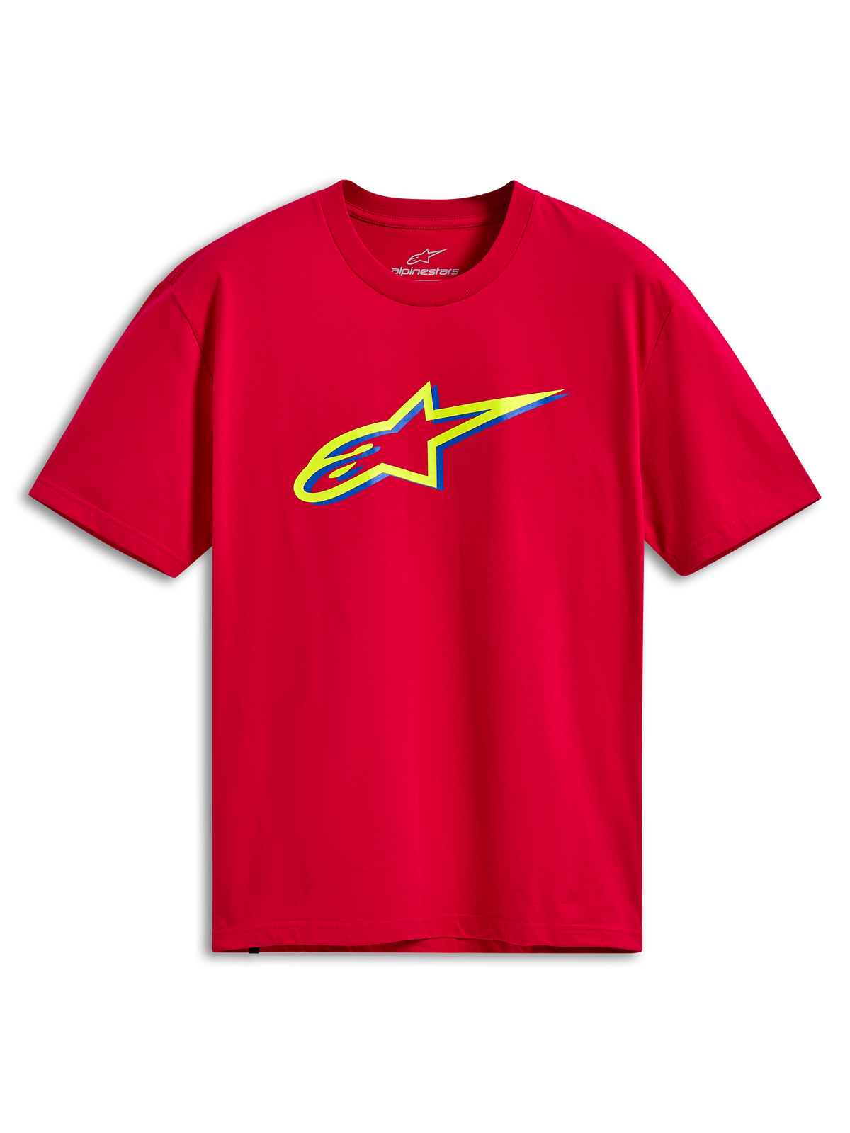 Alpinestars Ageless Shadow CSF Tee, kortærmet T-shirt, rød, med en gul og blå lagdelt Ageless logo-grafik på brystet, afslappet motorsport-streetwear