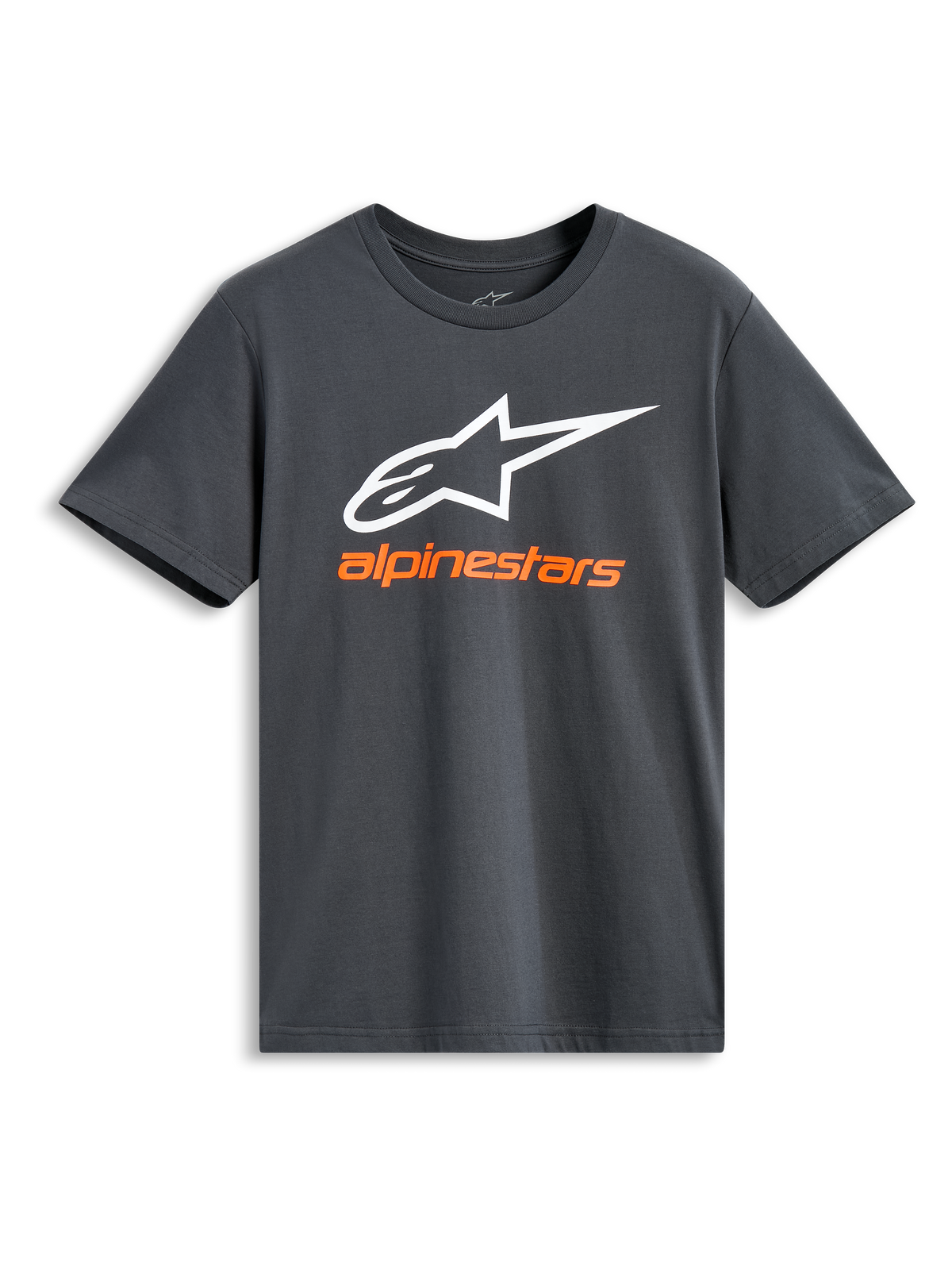Alpinestars Always 2.0 CSF Tee, kortærmet t-shirt, charcoal, stort hvidt Alpinestars-logo med orange brandnavn, afslappet motorsport-streetwear