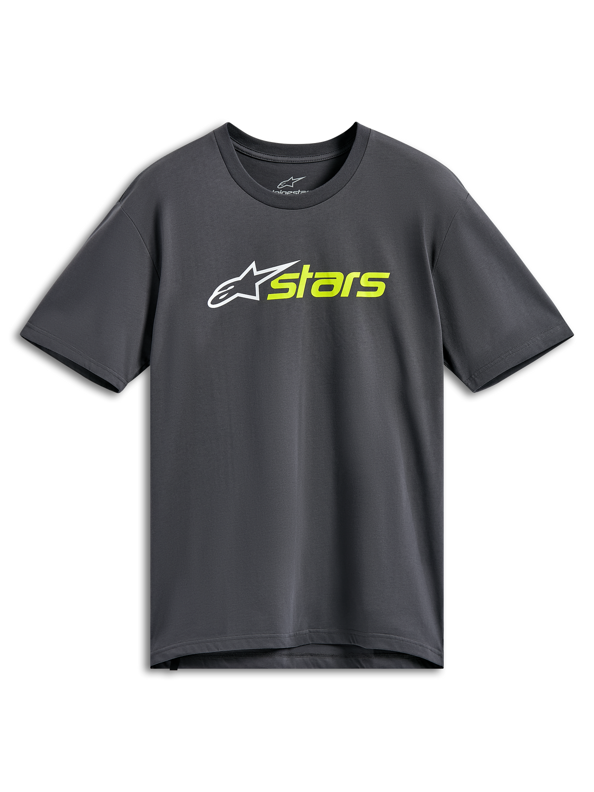 Alpinestars Blaze 2.0 CSF Tee, kortærmet T-shirt, koksgrå, hvidt stjernelogo med hi-vis gul 'stars'-tekst, afslappet motorsport streetwear