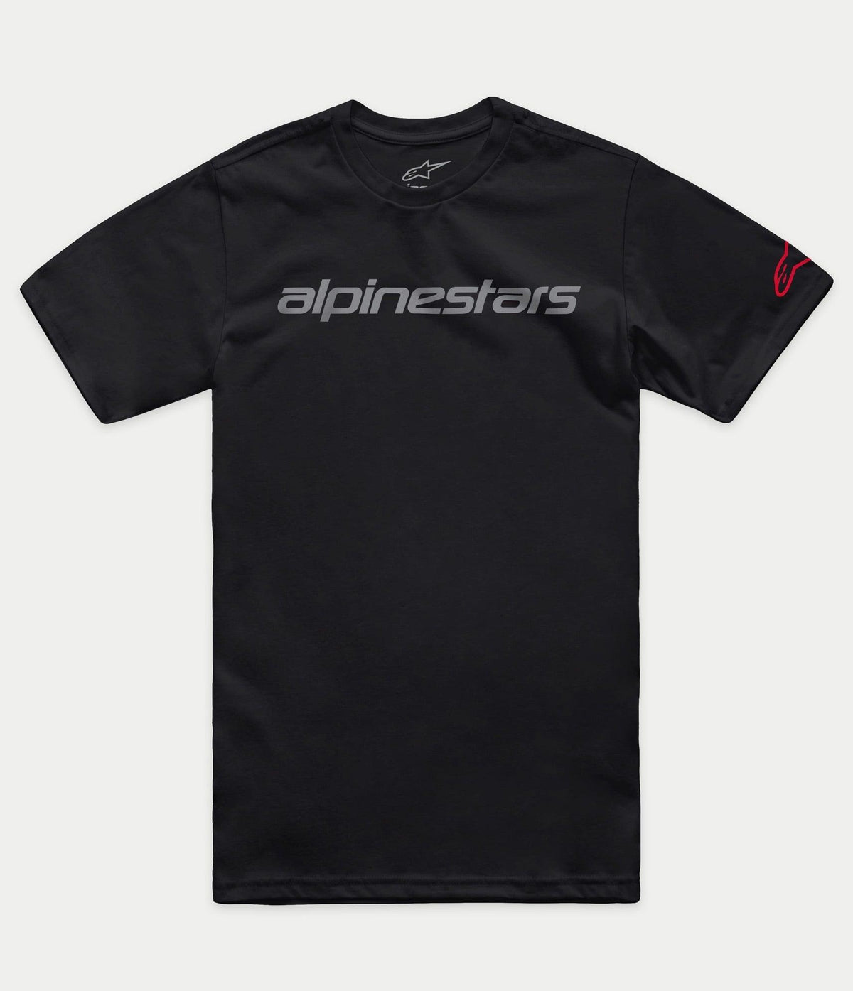 Alpinestars Linear Wordmark 2.0 CSF Tee, Short Sleeve T-Shirt, Black, Grey Wordmark on front and Red Ageless logo on sleeve, Casual Sportswear