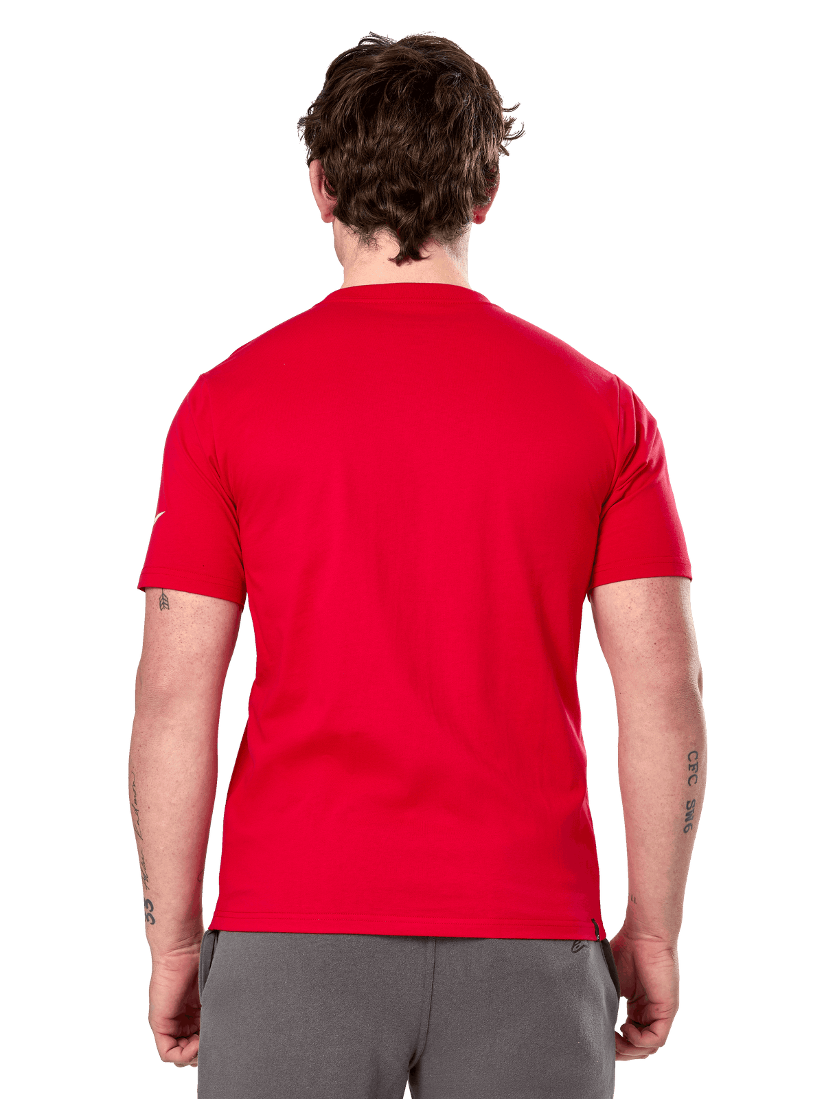 Alpinestars Linear Wordmark 2.0 CSF Tee, kortærmet t-shirt, rød, set bagfra, ensfarvet rød med lille hvidt logo på ærmet, afslappet motorsport-inspireret design