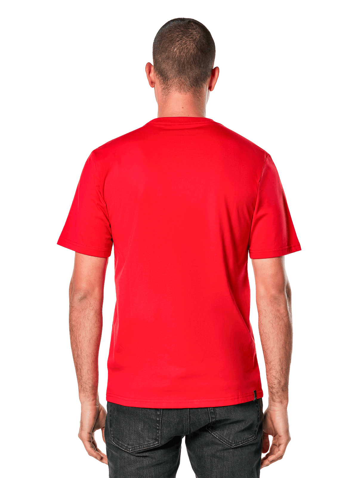 Alpinestars Ride 4.0 CSF Tee, Short Sleeve T-Shirt, Red, back view on model, bright red fabric with a small black brand tag at the hem, casual motorsport streetwear