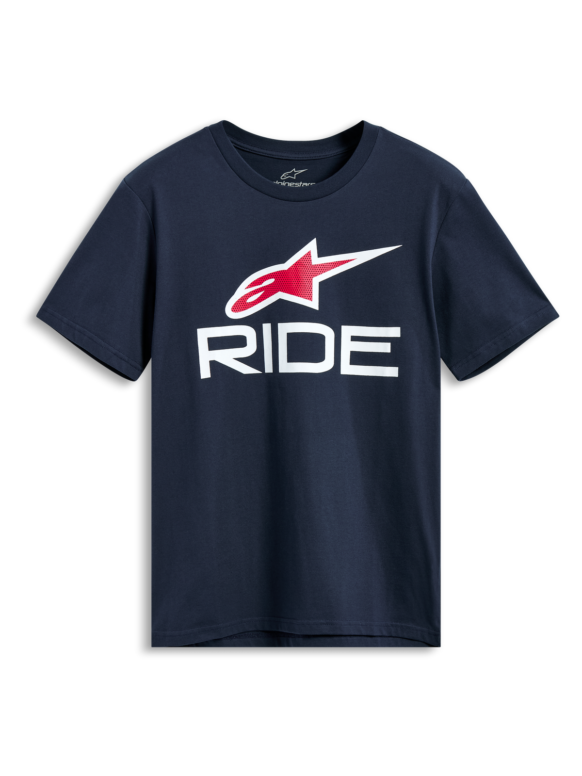 Alpinestars Ride 4.0 CSF Tee, kortærmet t-shirt, navyblå, rødt og hvidt Astars-logo med hvid RIDE-grafik, afslappet motorsport streetwear