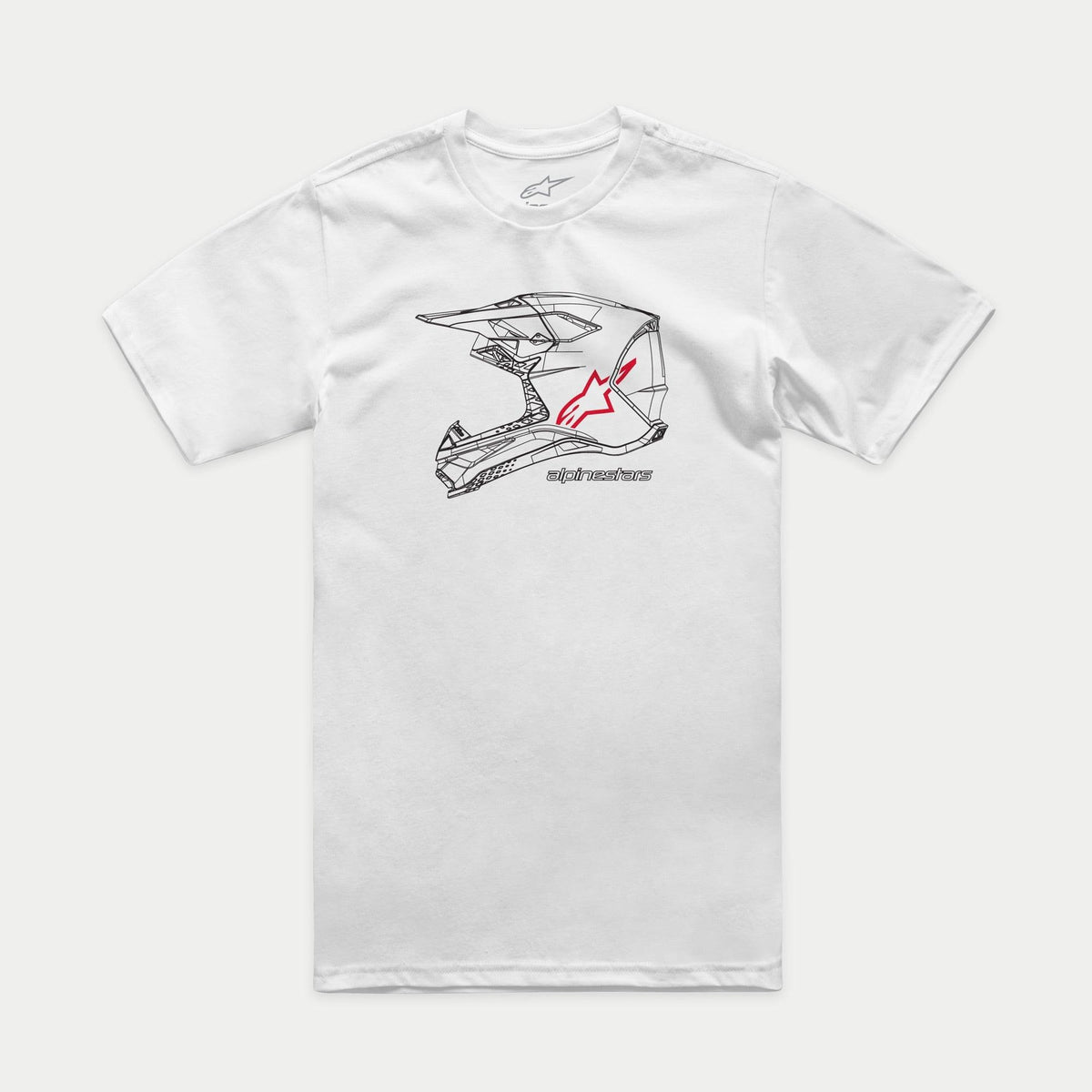 Alpinestars MX Helmet CSF T-shirt, kortærmet t-shirt, hvid, sort grafik af motocrosshjelm på fronten med rødt stjernelogo og Alpinestars-tekst, afslappet motorsport-inspireret sportstøj