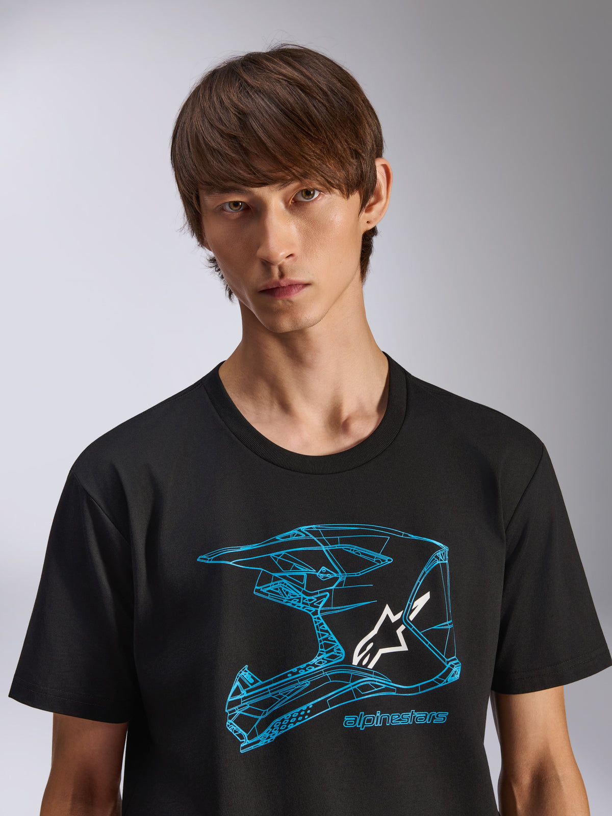 Alpinestars CSF Tee, Short Sleeve T-Shirt, Black, Blue MX Helmet Graphic with White Logo, Casual Motorsport Sportswear
