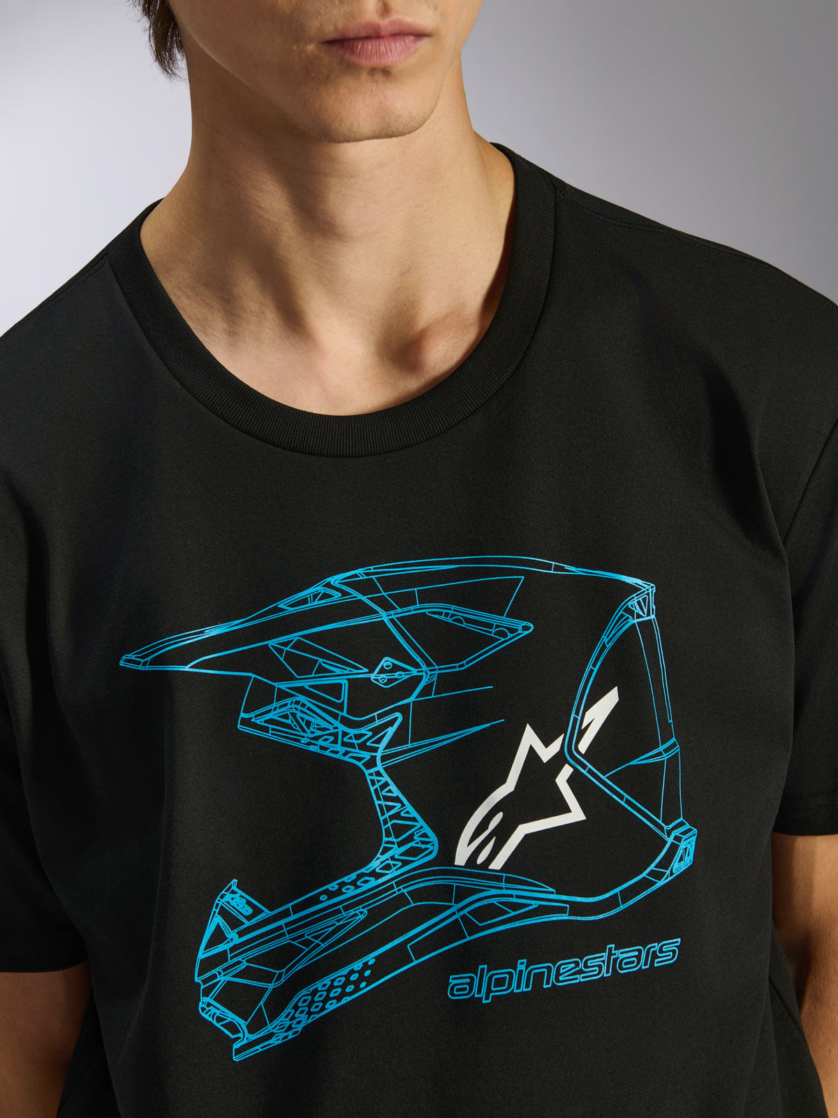 Alpinestars CSF Tee, Short Sleeve T-Shirt, Black, Blue Motocross Helmet Graphic with White Star Logo, Casual Motorsport Streetwear