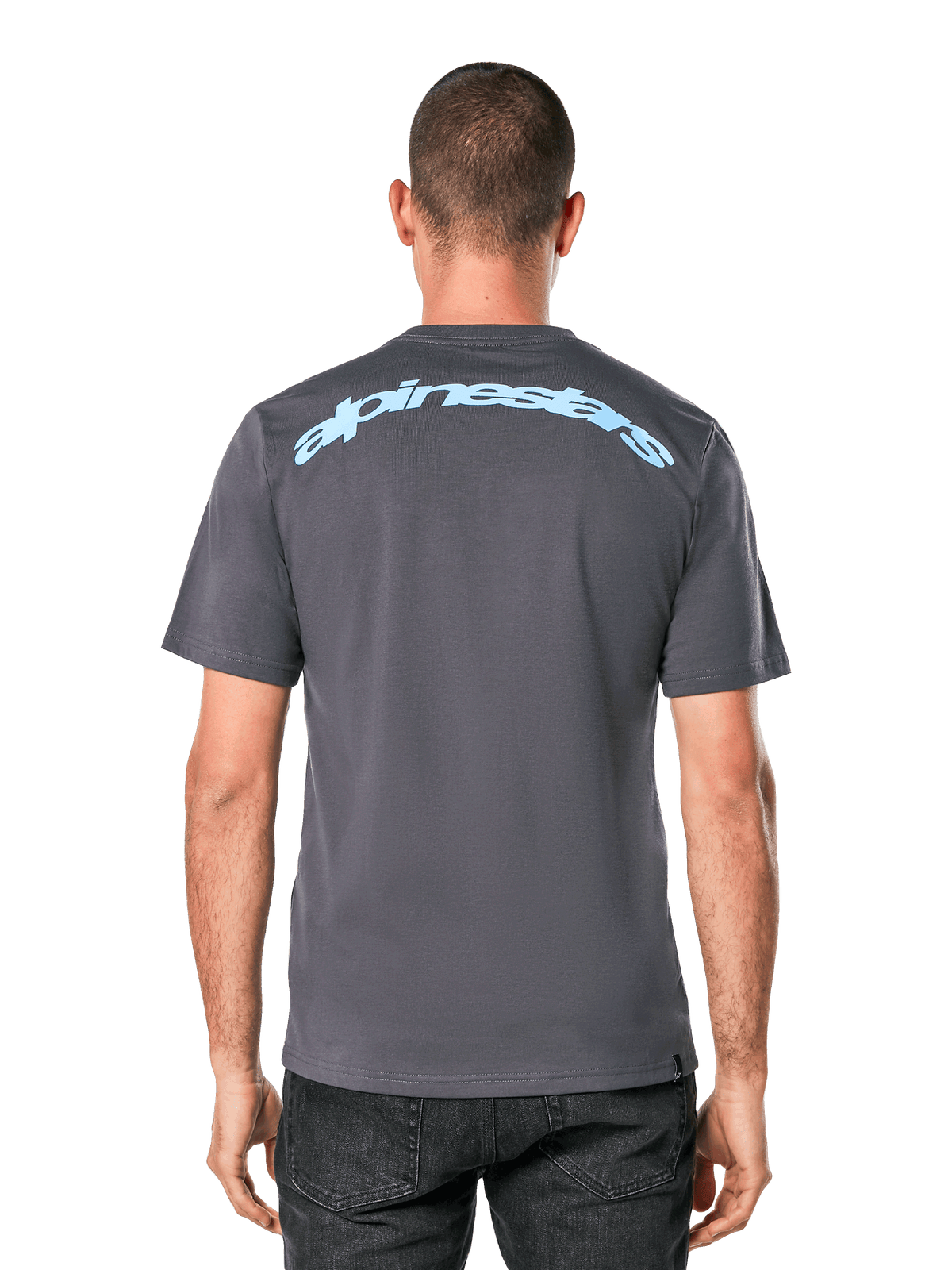 Alpinestars Horizon CSF Tee, Short Sleeve T-Shirt, Charcoal Gray, Back view featuring a light blue Alpinestars arc wordmark, Casual Sportswear