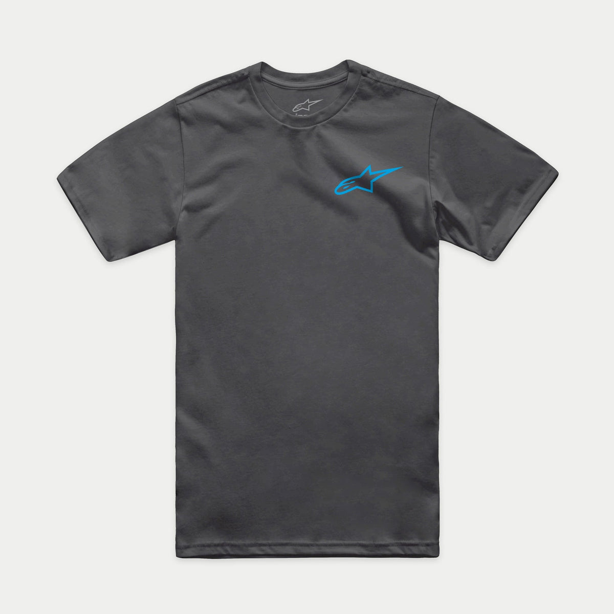 Alpinestars Horizon CSF Tee, Short Sleeve T-Shirt, Charcoal Gray with Blue Alpinestars Ageless Logo, Casual Motorsport Sportswear