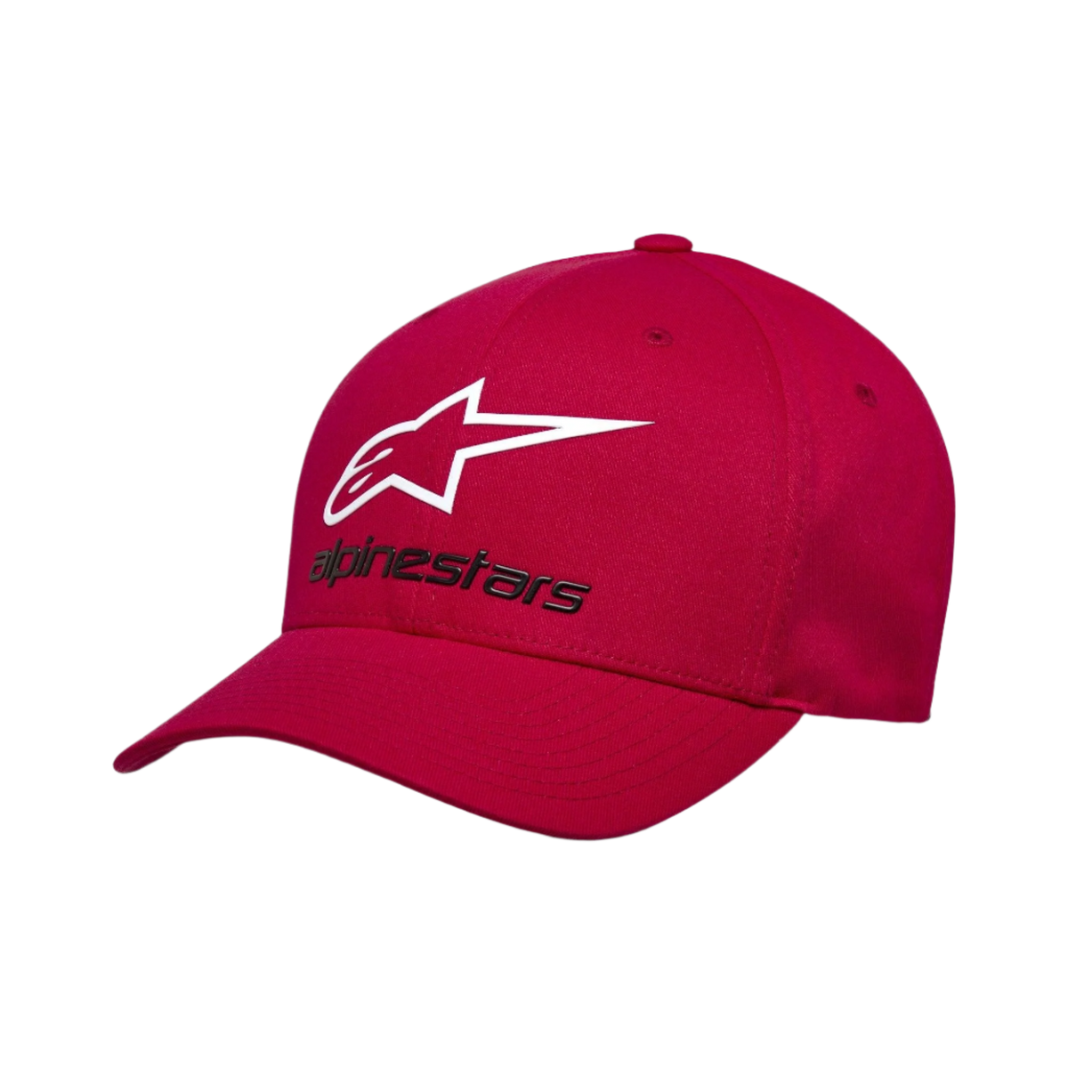 Alpinestars Always 2.0 kasket, baseball-kasket, rød, hvidt stjernelogo og sort Alpinestars-tekst, kurvet skygge, struktureret krone, afslappet motorsport-inspireret streetwear
