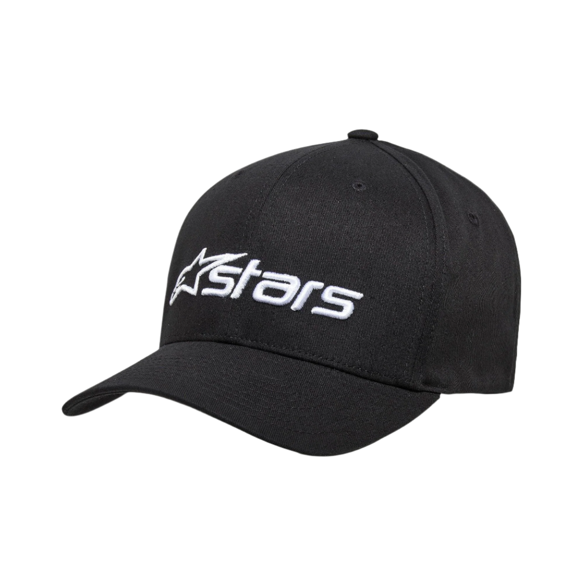 Alpinestars Blaze 2.0 kasket, struktureret baseball-kasket, sort, hvidt broderet logo på forsiden, kurvet skygge, stræk-twill-stof, afslappet motorsport-hovedbeklædning
