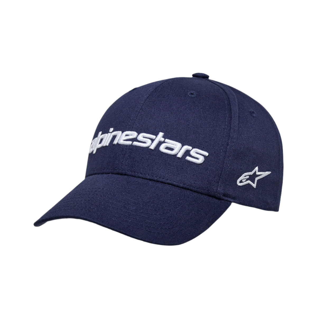 Alpinestars Linear Wordmark 2.0 kasket, marineblå med hvidt 3D-broderet logo, buet skygge, struktureret krone, stjernelogo på siden, sportswear-kasket i bomuldstwill
